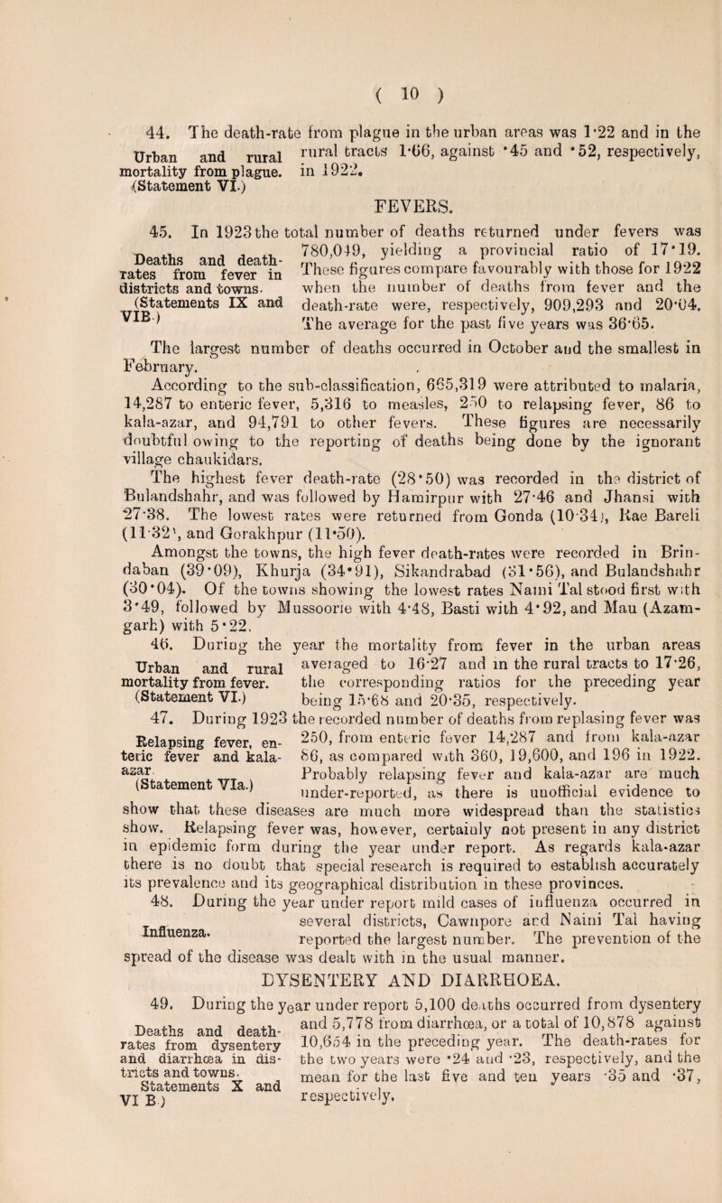 44, The death-rate from plague in the urban areas was 1*22 and in the Urban and rural rural tracts 1*06, against *45 and * 52, respectively, mortality from plague, in 1922. .(Statement VI.) FEVERS. Deaths and death- rates from fever in districts and towns. (Statements IX and VIB ) 45. In 1923 the total number of deaths returned under fevers was 780,049, yielding a provincial ratio of 17*19. These figures compare favourably with those for 1922 when the number of deaths from fever and the death-rate were, respectively, 909,293 and 20*04. The average for the past five years was 36*65. The largest number of deaths occurred in October and the smallest in February. According to the sub-classification, 665,319 were attributed to malaria, 14,287 to enteric fever, 5,316 to measles, 2o0 to relapsing fever, 86 to kala-azar, and 94,791 to other fevers. These figures are necessarily doubtful owing to the reporting of deaths being done by the ignorant village ehaukidars. The highest fever death-rate (28*50) was recorded in the district of Bulandshahr, and was followed by Hamirpur with 27*46 and Jhansi with 27*38. The lowest rates were returned from Gonda (10*34 j, Rae Bareli (11*32', and Gorakhpur (11*50). Amongst the towns, the high fever death-rates were recorded in Brin- daban (39*09), Khurja (34*91), Sikandrabad (31 *56), and Bulandshahr (30*04). Of the towns showing the lowest rates Nami Tal stood first with 3*49, followed by Mussoorie with 4*48, Basti with 4*92, and Mau (Azam- garh) with 5*22. 46. During the year the mortality from fever in the urban areas Urban and rural avejaged to 16*27 and in the rural tracts to 17*26, mortality from, fever. the corresponding ratios for ihe preceding year (Statement VI.) being 15*68 and 20*35, respectively. 47. During 1923 the recorded number of deaths from replasing fever was Relapsing fever, en- 250, from enteric fever 14,287 and from kala-azar teric fever and kaia- 86, as compared with 360, 19,600, and 196 in 1922. Probably relapsing fever and kala-azar are much under-reported, as there is unotficial evidence to show that these diseases are much more widespread than the statistics show. Relapsing fever was, however, certainly not present in any district in epidemic form during the year under report. As regards kala-azar there is no doubt that special research is required to establish accurately its prevalence and its geographical distribution in these provinces. 48. During the year under report mild cases of influenza occurred in several districts, Cawnpore and Naini Tal having Influenza. reported the largest number. The prevention of the spread of the disease was dealt with in the usual manner. azar (Statement Via.) DYSENTERY AND DIARRHOEA. 49. During the year under report 5,100 deaths occurred from dysentery Deaths and death- and 5 778 from diarrhcea, or a total of 10,878 against rates from dysentery 10,6o4 in the preceding yeai. Ine death-rates iol and diarrhoea in dis- the tavo years were *24 and *23, respectively, and the tricts and towns. mean for the last five and ten year3 *35 and *37, Statements X and , VI B) respectively.