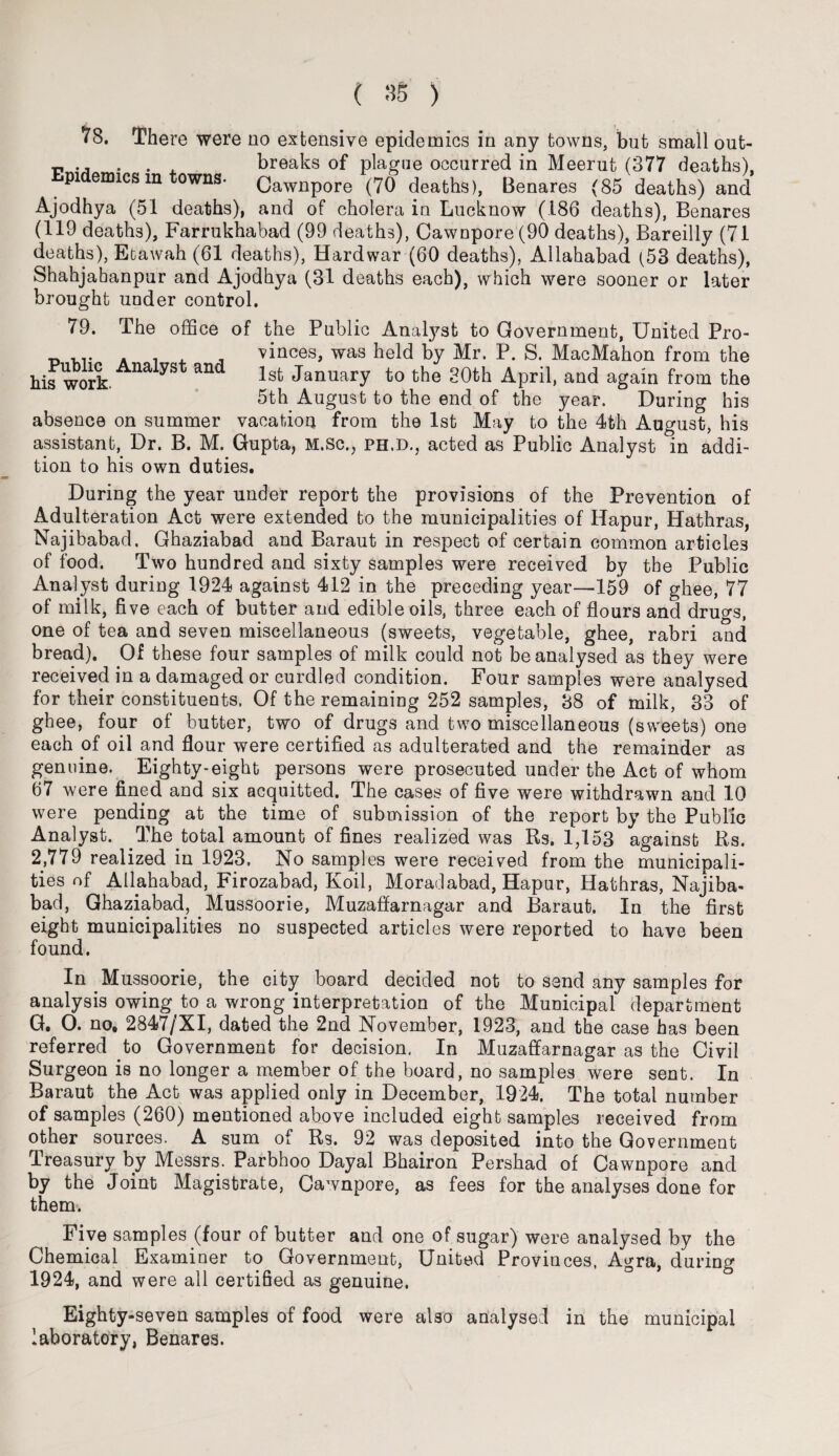 V8. There were no extensive epidemics in any towns, but small out- „ ., . . . breaks of plague occurred in Meerut (377 deaths). Epidemics in towns- Cawnpore (70 deaths), Benares (85 deaths) and Ajodhya (51 deaths), and of cholera in Lucknow (186 deaths), Benares (119 deaths), Farrukhabad (99 deaths), Cawnpore (90 deaths), Bareilly (71 deaths), Efcawah (61 deaths), Hard war (60 deaths), Allahabad (53 deaths), Shahjahanpur and Ajodhya (31 deaths each), which were sooner or later brought under control. 79. The office of the Public Analyst to Government, United Pro- _ ,. . vinces, was held by Mr. P. S. MacMahon from the his work. nalySt aM lsfc January to the 30th April, and again from the 5th August to the end of the year. During his absence on summer vacation from the 1st May to the 4th August, his assistant, Dr. B. M. Gupta, M.sc., ph.d., acted as Public Analyst in addi¬ tion to his own duties. During the year under report the provisions of the Prevention of Adulteration Act were extended to the municipalities of Hapur, Hathras, Najibabad, Ghaziabad and Baraut in respect of certain common articles of food. Two hundred and sixty samples were received by the Public Analyst during 1924 against 412 in the preceding year—159 of ghee, 77 of milk, five each of butter and edible oils, three each of flours and drucrs, one of tea and seven miscellaneous (sweets, vegetable, ghee, rabri and bread). Of these four samples of milk could not be analysed as they were received in a damaged or curdled condition. Four samples were analysed for their constituents. Of the remaining 252 samples, 38 of milk, 33 of ghee, four of butter, two of drugs and two miscellaneous (sweets) one each of oil and flour were certified as adulterated and the remainder as genuine. Eighty-eight persons were prosecuted under the Act of whom 67 were fined and six acquitted. The cases of five were withdrawn and 10 were pending at the time of submission of the report by the Public Analyst. The total amount of fines realized was Rs. 1,153 against Rs. 2,779 realized in 1923. No samples were received from the municipali¬ ties of Allahabad, Firozabad, Koil, Moradabad, Hapur, Hathras, Najiba¬ bad, Ghaziabad, Mussoorie, Muzaffarnagar and Baraut. In the first eight municipalities no suspected articles were reported to have been found. In Mussoorie, the city board decided not to send any samples for analysis owing to a wrong interpretation of the Municipal department G. O. no, 2847/XI, dated the 2nd November, 1923, and the case has been referred to Government for decision. In Muzaffarnagar as the Civil Surgeon is no longer a member of the board, no samples were sent. In Baraut the Act was applied only in December, 1924. The total number of samples (260) mentioned above included eight samples received from other sources. A sum of Rs. 92 was deposited into the Government Treasury by Messrs. Parbhoo Dayal Bhairon Pershad of Cawnpore and by the Joint Magistrate, Cawnpore, as fees for the analyses done for them. Five samples (four of butter and one of sugar) were analysed by the Chemical Examiner to Government, United Provinces. Agra, during 1924, and were all certified as genuine. Eighty-seven samples of food were also analysed in the municipal laboratory, Benares.