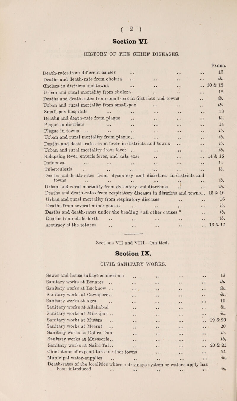 Section VI. HISTORY OF THE CHIEF DISEASES. Death-rates from different causes Deaths and death-rate from cholera Cholera in districts and towns Urban and rural mortality from cholera Deaths and death-rates from small-pox in districts and towns Urban and rural mortality from small-pox Smal'l-pox hospitals Deaths and death-rate from plague Plague in districts Plague in towns Urban and rural mortality from plague.. Deaths and death-rates from fever in districts and towns Urban and rural mortality from fever .. .. *, Relapsing fever, enteric fever, and kala azar Influenza Tuberculosis Deaths and death-rates from dysentery and diarrhoea in districts anc towns Urban and rural mortality from dysentery and diarrhoea Deaths and death-rates from respiratory diseases in districts and towns Urban and rural mortality from respiratory diseases Deaths from several minor causes Deaths and death-rates under the heading “ all other causes ” Deaths from child-birth Accuracy of the returns Pages. 10 ib. 10 & 12 12 ib. ib. 13 ib. 14 ib. ib. ib. ib. 14 & 15 15 ib. ib. ■ib. 15 & 16 16 ib. ib. ib. 16 & 17 Sections VII and VIII—Omitted. Section IX. CIVIL SANITARY WORKS. Sewer and house sullage connexions • « • • • • 0 • 13 Sanitary works at Benares • • • • • • 0 0 ib. Sanitary works at Lucknow .. e • • « 0 • 0 0 ib Sanitary works at Cawnpore.. • ♦ • ® 0 • 0 0 ib. Sanitary works at Agra • • • • 0 0 • % 19 Sanitary works at Allahabad • ® • * • 0 0 • ib. Sanitary works at Mirzapur .. o • 0 0 0 0 it. Sanitary works at Muttra 0 0 • • • 0 0 0 19 & 20 Sanitary works at Meerut * ® • • 0 0 0 0 20 Sanitary works at Dehra Dun e • • • • 0 0 0 ib. Sanitary works at Mussoorie.. • • • • 0 0 0 0 ib. Sanitary works at Naini Tal.. • • • • 0 • 0 0 20 & 21 Chief items of expenditure in other towns • • 0 0 0 • 21 Municipal water-supplies • • • ® 0 0 0 0 ib. Death-rates of the localities where been introduced a drainage system or • • • t water-supply 0 • has • • ib.