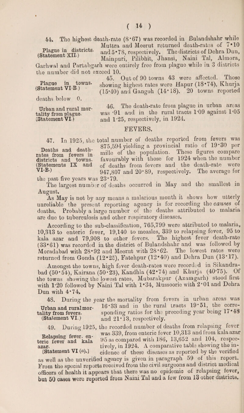 ( 14 ) 44. The highest, death-rate (8*67) was recorded in Bnlandshahr while Muttra and Meerut returned death-rates of 7*10 Plague in districts. and 5*78, respectively. The districts of Dehra Dun, (b a emen Mainpuri, Pilibhit, Jhansi, Naini Tal, Almora, Garhwal and Partabgarh were entirely free from plague while in 3 districts the number did not exceed 10. 45. Out of 90 towns 43 were affected. Those Blague in towns, showing highest rates were Hapur (18*74), Khurja (Statement VI B ) • (15.4ofan|Gangoh (14-18). 20 towns reported deaths below 0. Urban and rural mor¬ tality from plague. (Statement VI.) 46. The death-rate from plague in urban areas was *91 and in the rural tracts T09 against 1-05 and 1'25, respectively, in 1924. FEVERS. total number of deaths reported from fevers was 875,594 yielding a provincial ratio of 19*30 per mille of the population. These figures compare favourably with those for 1924 when the number of deaths from fevers and the death-rate were 947,807 and 20* 89, respectively. The average for the past five years was 23*79. The largest; number of deaths occurred in May and the smallest in August. As May is not by any means a malarious month it shows how utterly unreliable the present reporting agency is for recording the causes of deaths. Probably a large number of the deaths attributed to malaria are due to tuberculosis and other respiratory diseases. According to the sub-classification, 765,799 were attributed to malaria, 10,313 to enteric fever, 19,140 to measles, 339 to relapsing fever, 95 to kala azar and 79,908 to other fevers. The highest fever death-rate (33*61) was recorded in the district of Bulandshahr and was followed by Moradabad with 28*92 and Meerut with 28*62. The lowest rates were returned from Gonda (12*25), Fatehpur (12*40) and Dehra Dun (13*17). Amongst the towns, high fever death-rates were recorded in Sikandra- bad (50*54), Kairana (50*23), Kandkla (42*74) and Khurja (40*75). Of the towns showing the lowest rates, Mubarakpur (Azamgarh) stood first with 1*20 followed by Naini Tal with 1*34, Mussoorie with 2*01 and Dehra Dun with 4*74. 47. In 1925, the Deaths and death- rates from fevers in districts and towns. (Statements IX and VI-B.) 48. Daring the year the mortality from fevers in urban areas was Urban and ruralmor- 16*33 and in the rural tracts 19 51, the co^re- tality from fevers. sponding ratios for the preceding year being 48 (Statement VI,) and 21* 13, respectively. 49. During 1925, the recorded number of deaths from relapsing fever . f _ was 339, from enteric fever 10,313 and from kala azar tericfeve/and6rkafa 95 as compared with 186, 13,652 and 104, respec- azar. tively, in 1924. A comparative table showing the m- [Statement VI (a).] cidenee of these diseases as reported by the verified as well as the unverified agency is given in paragraph 59 of this report. From the special reports received from the civil surgeons and district medical officers of health it appears that there was no epidemic of relapsing fever, but 50 cases were reported from Naini Tal and a few from 13 other districts.