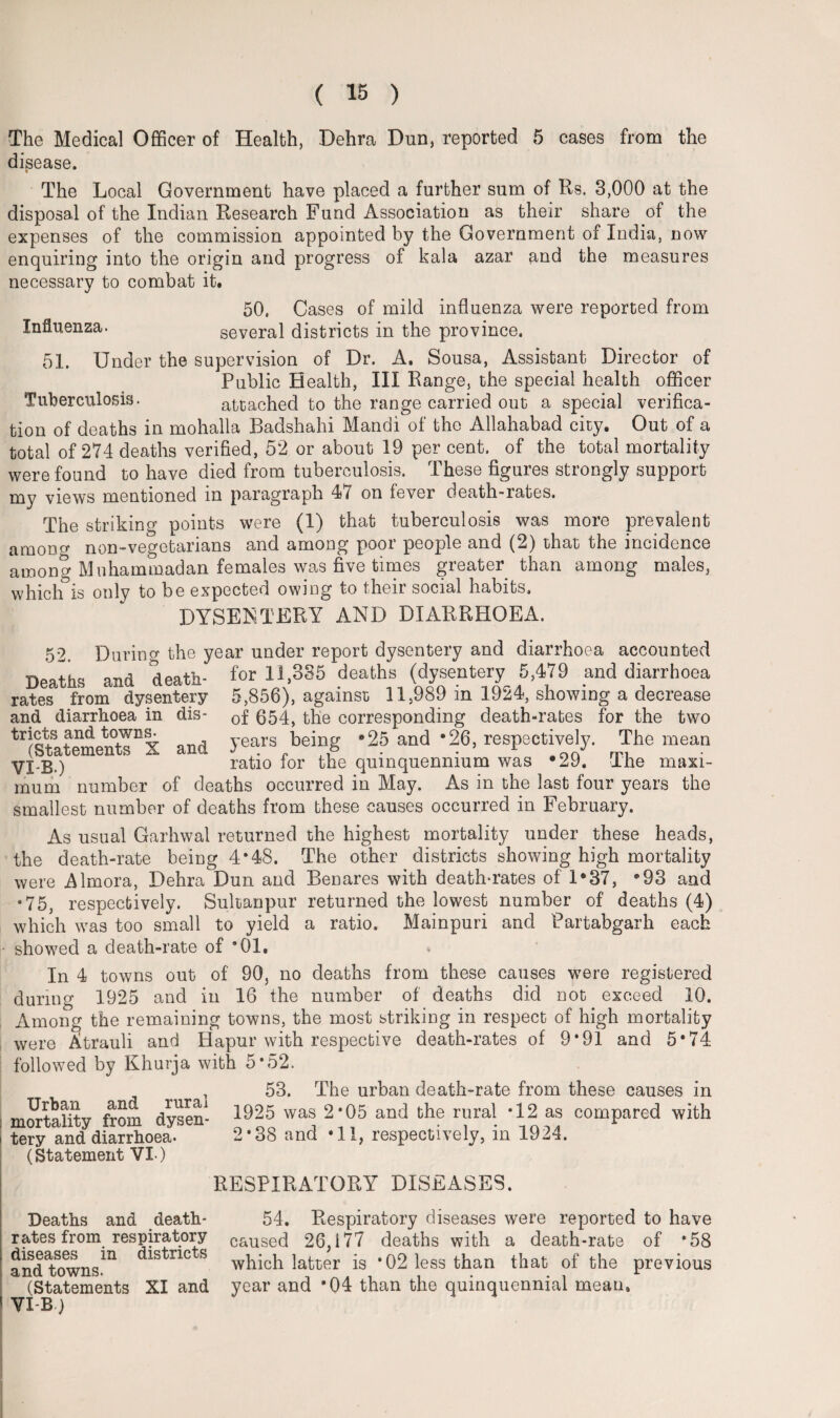 The Medical Officer of Health, Dehra Dun, reported 5 cases from the disease. The Local Government have placed a further sum of Rs. 3,000 at the disposal of the Indian Research Fund Association as their share of the expenses of the commission appointed by the Government of India, now enquiring into the origin and progress of kala azar and the measures necessary to combat it. 50, Cases of mild influenza were reported from Influenza. several districts in the province. 51. Under the supervision of Dr. A. Sousa, Assistant Director of Public Health, III Range, the special health officer Tuberculosis. attached to the range carried out a special verifica¬ tion of deaths in mohalla Badshahi Mandi of the Allahabad city. Out of a total of 274 deaths verified, 52 or about 19 per cent, of the total mortality were found to have died from tuberculosis. These figures strongly support my views mentioned in paragraph 47 on fever death-rates. The striking points were (1) that tuberculosis was more prevalent among non-vegetarians and among poor people and (2) that the incidence among Muhammadan females was five times greater than among males, which is only to be expected owing to their social habits. DYSENTERY AND DIARRHOEA. 52 Durincr the year under report dysentery and diarrhoea accounted Deaths and death- for 11,335 deaths (dysentery 5,479 and diarrhoea rates from dysentery 5,856), against 11,989 in 1924, showing a decrease and diarrhoea in dis- 0f @5^ the corresponding death-rates for the two tr(StSatemenTI and years being -25 and *26, respectively. The mean Yj.g ) ratio for the quinquennium was *29. The maxi¬ mum number of deaths occurred in May. As in the last four years the smallest number of deaths from these causes occurred in February. As usual Garhwal returned the highest mortality under these heads, the death-rate being 4*48. The other districts showing high mortality were Almora, Dehra Dun and Benares with death-rates of 1*37, *33 and •75, respectively. Sultanpur returned the lowest number of deaths (4) which was too small to yield a ratio. Mainpuri and Partabgarh each showed a death-rate of *01. In 4 towns out of 90, no deaths from these causes were registered during 1925 and in 16 the number of deaths did not exceed 10. Among the remaining towns, the most striking in respect of high mortality were Atrauli and Hapur with respective death-rates of 9*91 and 5*74 followed by Khurja with 5*52. Urban and rural mortality from dysen- i tery and diarrhoea- (Statement VI ) 53. The urban death-rate from these causes in 1925 was 2*05 and the rural *12 as compared with 2*38 and *11, respectively, in 1924. RESPIRATORY DISEASES. Deaths and death- 54. Respiratory diseases were reported to have rates from respiratory caused 26,177 deaths with a death-rate of *58 and towns' lstrlc s which latter is *02 less than that of the previous (Statements XI and year and *04 than the quinquennial mean. 1 VI-B)