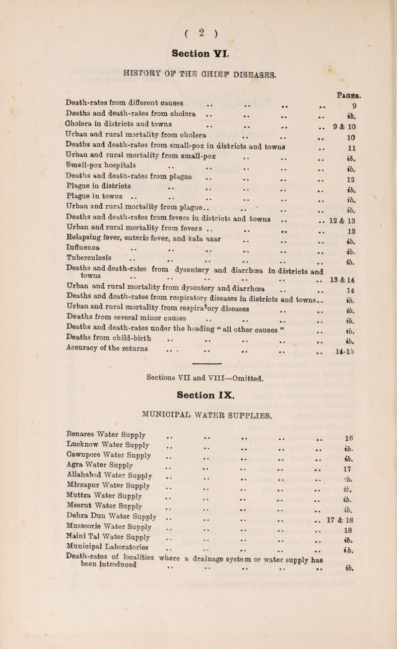 Section YI. H[STORY OP THE CHIEF DISEASES. Death-rates from different causes • • • • • • Deaths and death-rates from cholera Cholera in distriots and towns • • • • • • Urban and rural mortality from cholera Deaths and death-rates from small-pox in districts and towns Urban and rural mortality from small-pox Small-pox hospitals Deaths and death-rates from plague Plague in districts Plague in towns .. **•••• Urban and rural mortality from plague.. Deaths and death-rates from fevers in districts and towns Urban and rural mortality from fevers .. Relapsing fever, enteric fever, and kala azar Influenza *• •• •• .. Tuberculosis • • Deaths and death-rates from dysentery and diarrhoea in districts and towns .... Urban and rural mortality from dysentery and diarrhoea Deaths and death-rates from respiratory diseases in districts and towns.. Urban and rural mortality from respiratory diseases Deaths from several minor causes • • • • • • Deaths and death-rates under the heading “ all other causes ” Deaths from child-birth • • • • •• •• Accuracy of the returns ... PAGE8. 9 ib. 9 & 10 10 11 ib. ib. 12 ib. ib. ib. 12 & 13 13 ib. ib. ib. 13 & 14 14 ib. ib. ib. ib. ib. 14-15 Sections VII and VIII—Omitted. Section IX. MUNICIPAL WATER SUPPLIES. Benares Water Supply Lucknow Water Supply Cawnpore Water Supply Agra Water Supply Allahabad Water Supply Mirzapur Water Supply Muttra Water Supply Meerut Water Supply Dehra Dun Water Supply Mussoorie Water Supply Naini Tal Water Supply Municipal Laboratories Death-rates of localities been introduced where a drainage syst m or water supply has 16 ib. ib. 17 oh. ib, ib. ib. 17 & 18 18 ib. ib. ib.