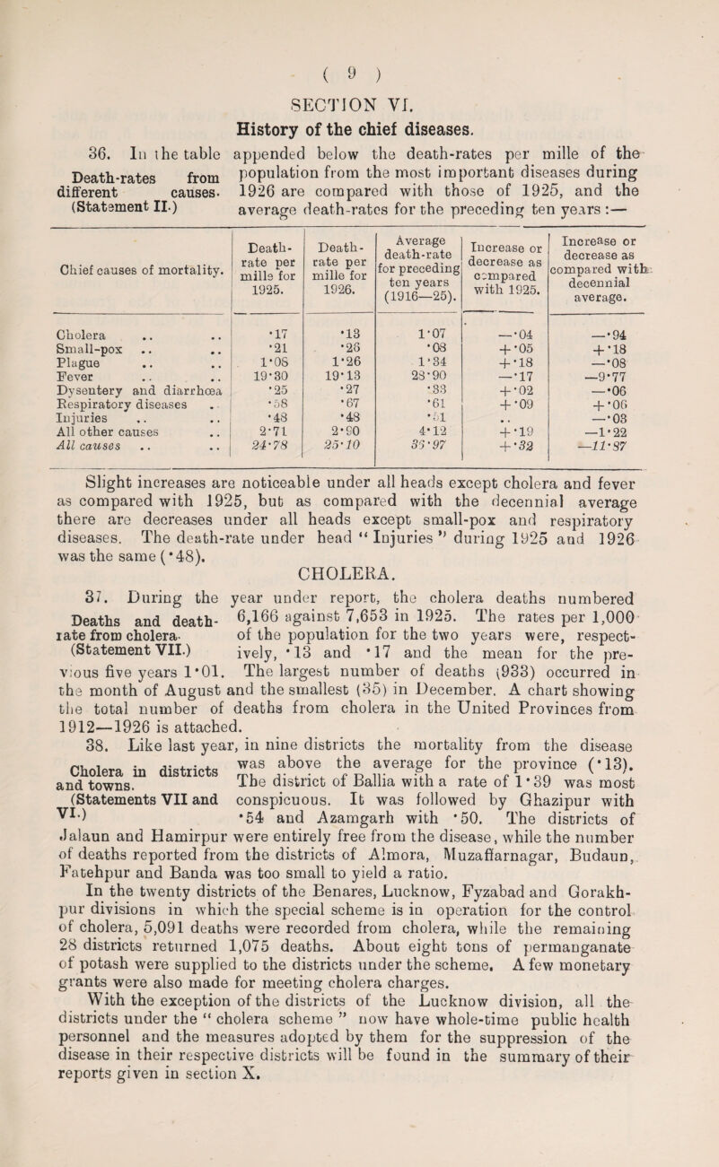 ( ) SECTION VI. History of the chief diseases. 36. In the table appended below the death-rates per mille of the Death-rates from population from the most important diseases during different causes- 1926 are compared with those of 1925, and the (Statement II.) average death-rates for the preceding ten years :— Chief causes of mortality. Death- rate per mille for 1925. Death- rate per mille for 1926. Average death-rate for preceding ten years (1916—25). Increase or decrease as compared with 1925. Increase or decrease as compared with decennial average. Cholera •17 *13 1*07 — •04 — •94 Small-pox •21 •26 •08 + •05 + *18 Plague 1*0S 1*26 1*34 + •18 — •08 Fever 19*30 19*13 28*90 — •17 —9*77 Dysentery and diarrhoea •25 •27 •33 + •02 —•06 Respiratory diseases •58 •67 •61 + •09 + •06 Injuries •48 •48 •51 • • — •03 All other causes 2'71 2* SO 4*12 + •19 —1*22 All causes 24'78 25'10 35'97 + *32 —11-37 Slight increases are noticeable under all heads except cholera and fever as compared with 1925, but as compared with the decennial average there are decreases under all heads except small-pox and respiratory diseases. The death-rate under head “ Injuries during 1925 and 1926 was the same (*48). CHOLERA. 37. During the year under report, the cholera deaths numbered Deaths and death- 6,166 against 7,653 in 1925. The rates per 1,000 iate from cholera- of the population for the two years were, respect- (Statement VII.) ively, *13 and *17 and the mean for the pre¬ vious five years 1*01. The largest number of deaths (933) occurred in the month of August and the smallest (35) in December. A chart showing the total number of deaths from cholera in the United Provinces from 1912—1926 is attached. 38. Like last year, in nine districts the mortality from the disease Cholera in districts Sas ,abfov® tb® averaf? for tthe. province (-13). and towns. The district oi Pallia with a rate of 1*39 was most (Statements VII and conspicuous. It was followed by Ghazipur with *54 and Azamgarh with *50. The districts of Jalaun and Hamirpur were entirely free from the disease, while the number of deaths reported from the districts of Almora, Muzaffarnagar, Budaun, Fatehpur and Banda was too small to yield a ratio. In the twenty districts of the Benares, Lucknow, Fyzabad and Gorakh¬ pur divisions in which the special scheme is in operation for the control of cholera, 5,091 deaths were recorded from cholera, while the remaining 28 districts returned 1,075 deaths. About eight tons of permanganate of potash were supplied to the districts under the scheme. A few monetary grants were also made for meeting cholera charges. With the exception of the districts of the Lucknow division, all the districts under the “ cholera scheme ” now have whole-time public health personnel and the measures adopted by them for the suppression of the disease in their respective districts will be found in the summary of their