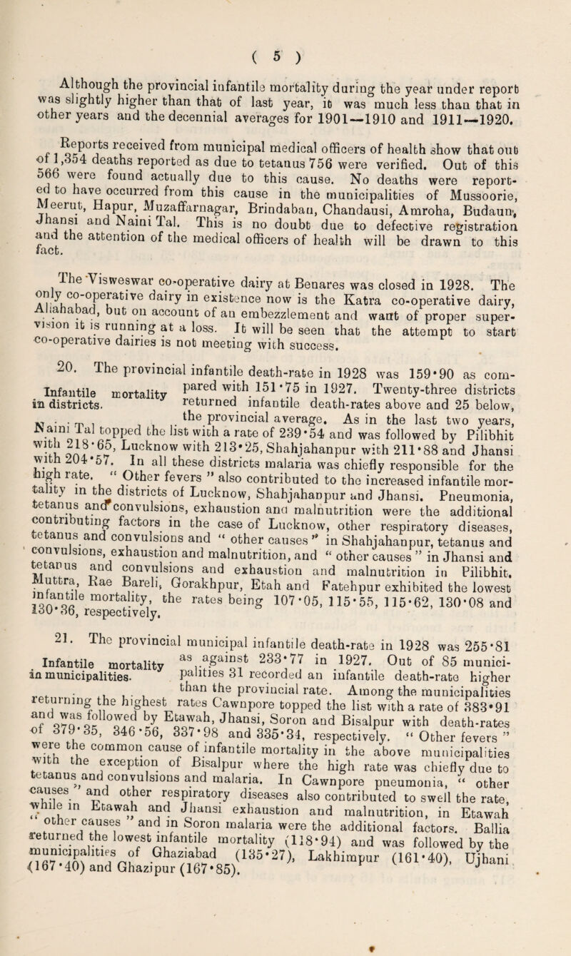 Although the provincial infantile mortality during the year under report was slightly higher than that of last year, it was much less than that in other years and the decennial averages for 1901—-1910 and 1911—1920. f 1^°!]^ received from municipal medical officers of health show that out o 1,354 deaths reported as due to tetanus 756 were verified. Out of this ' weie found actually due to this cause. No deaths were report¬ ed to have occurred from this cause in the municipalities of Mussoorie, Meerut, Hapur, Muzaffarnagar, Brindabau, Chandausi, Amroha, Budaun, lansi and Nami Tal. This is no doubt due to defective registration ana the attention of the medical officers of health will be drawn to this tact. The Visweswar co-operative dairy at Benares was closed in 1928. The a1? Cn°i)euatlVe ^a*ry *n exiskence now is the Katra co-operative dairy, la la a , but on account of an embezzlement and want of proper super¬ vision it is running at a loss. It will be seen that the attempt to start co-operative dairies is not meeting with success. 20. The provincial infantile death-rate in 1928 was 159*90 as corn- Infautile mortality Pared w>th 151 *75 in 1927. Twenty-three districts in districts. returned infantile death-rates above and 25 below, „ . . ttle provincial average. As in the last two years, JNaini ial topped the list with a rate of 289*54 and was followed by Pilibhit ooi8'6^’ LTuoknow with 213*25, Shahjahanpur with 211*88 and Jhansi ^7 , ^7. these districts malaria was chiefly responsible for the ig rate. Other fevers ” also contributed to the increased infantile mor- *a lty in the districts of Lucknow, Shahjahanpur and Jhansi. Pneumonia, tetanus ancf convulsions, exhaustion ana malnutrition were the additional con ri utmg factors in the case of Lucknow, other respiratory diseases, tetanus and convulsions and “ other causes * in Shahjahanpur, tetanus and convulsions, exhaustion and malnutrition, and “ other causes ” in Jhansi and tetanus and convulsions and exhaustion and malnutrition in Pilibhit. u tra, Kae Bareli, Gorakhpur, Etah and Fatehpur exhibited the lowest ]6 morta* the rafces being 107‘05, 115*55, 115*62, 130*08 and 150*36, respectively, 21. The provincial municipal infantile death-rate in 1928 was 255*81 Infantile mortality as againsfc 233*77 in 1927. Out of 85 munici- in municipalities. Polities 31 recorded an infantile death-rate higher . fchan the provincial rate. Among the municipalities ie uining the highest rates Cawnpore topped the list with a rate of 383*91 !f «q!« 0oWLd ll E5o!an' Jhansi- Soroa aQd Bisalpur with death-rates of 379 35, 346-56, 337*98 and 335-34, respectively. “ Other fevers ” were the common cause of infantile mortality in the above municipalities w tn the exception of Bisalpur where the high rate was chiefly due to tetanus and convulsions and malaria. In Cawnpore pneumonia, “ other causes and other respiratory diseases also contributed to swell the rate, vvtnle in Etawah and Jhansi exhaustion and malnutrition, in Etawah other causes and m Soron malaria were the additional factors. Ballia returned the lowest infantile mortality (118-94) and was followed by the nmGhaziabad (185*27), Lakhimpur (161*40), Ujhani <167*40) and Ghazipur (167*85). J