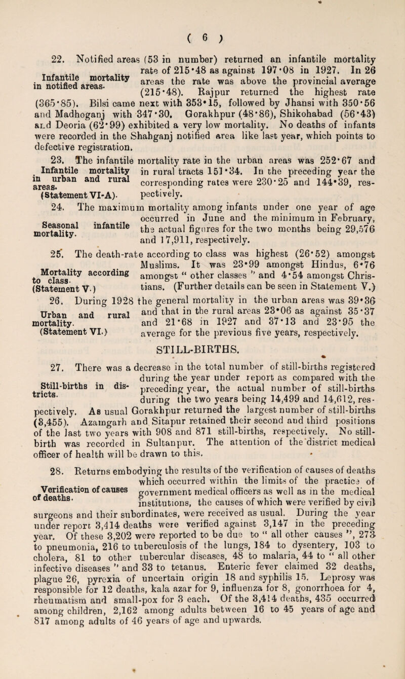 Infantile mortality in notified areas. 22. Notified areas (53 in number) returned an infantile mortality rate of 215*48 as against 197*08 in 1927. In 26 areas the rate was above the provincial average (215*48). Rajpur returned the highest rate (365*85). Bilsi came next with 353*15, followed by Jhansi with 350*56 and Madhoganj with 347*30, Gorakhpur (48*86), Shikohabad (56*43) and Deoria (62*99) exhibited a very low mortality. No deaths of infants were recorded in the Shabganj notified area like last year, which points to defective registration. 23. The infantile mortality rate in the urban areas was 252*67 and . Infantile mortality in rural tracts 151*34. In the preceding year the areas11*33,11 an(* rura* corresponding rates were 230*25 and 144*39, res- {Statement VI-A). pectively. 24. The maximum mortality among infants under one year of age occurred in June and the minimum in February, the actual figures for the two months being 29,576 and 1 7,911, respectively. 25’. The death-rate according to class was highest (26*52) amongst Muslims. It was 23*99 amongst Hindus, 6*76 to^class*^ accordin£ amongst “ other classes ’’ and 4*54 amongst Chris- (Statement V-) tians. (Further details can be seen in Statement V.) 26. During 1928 the general mortality in the urban areas was 39*36 Urban and rural and that in the rural areas 23*06 as against 35*37 mortality. and 21*68 in 1927 and 37*13 and 23*95 the (Statement VI.) average for the previous five years, respectively. STILL-BIRTHS. Seasonal mortality. infantile 27. There was a decrease in the total number of still-births registered during the year under report as compared with the Still-births in dis- preceding year, the actual number of still-births- ric s” during the two years being 14.499 and 14,612, res¬ pectively. As usual Gorakhpur returned the largest number of still-births (3,455). Azamgarh and Sitapur retained their second and third positions of the last two years with 908 and 871 still-births, respectively. No still¬ birth was recorded in Sultanpur. The attention of the district medical officer of health will be drawn to this. 28. Returns embodying the results of the verification of causes of deaths which occurred within the limits of the practice of Verification of causes government medical officers as well as in the medical 0 ea s' institutions, the causes of which were verified by civil surgeons and their subordinates, were received as usual. During the year under report 3,414 deaths were verified against 3,147 in the preceding year. Of these 3,202 were reported to be due to “ all other causes ”, 273 to pneumonia, 216 to tuberculosis of the lungs, 184 to dysentery, 103 to cholera, 81 to other tubercular diseases, 48 to malaria, 44 to “ all other infective diseases ” and 33 to tetanus. Enteric fever claimed 32 deaths, plague 26, pyrexia of uncertain origin 18 and syphilis 15. Leprosy was responsible for 12 deaths, kala azar for 9, influenza for 8, gonorrhoea for 4, rheumatism and small-pox for 3 each. Of the 3,414 deaths, 435 occurred among children, 2,162 among adults between 16 to 45 years of age and 817 among adults of 46 years of age and upwards.