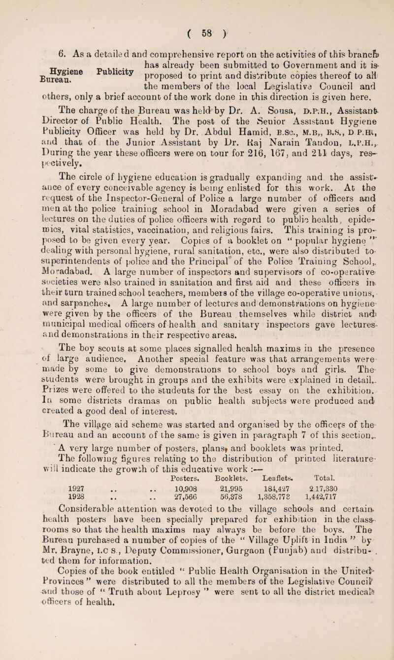 6. As a detailed and comprehensive report on the activities of this branch* . _ has already been submitted to Government and it is- Bureau0116 1C1*^ Proposed to print and distribute copies thereof to all the members of the local Legislative Council and others, only a brief account of the work done in this direction is given here. The charge of the Bureau was held by Dr. A. Sousa, Assistant- Director of Public Health. The post of the Senior Assistant Hygiene Publicity Officer was held by Dr. Abdul Hamid, B.sc., m.b„ B.N., D P.ffi, and that of the Junior Assistant by Dr. Raj Narain Tandon, L.P.H., During the year these officers were on tour for 216, 167, and 211 days, res¬ pectively. The circle of hygiene education is gradually expanding and the assist¬ ance of every conceivable agency is being enlisted for this work. At the request of the Inspector-General of Police a large number of officers and men at the police training school in Moradabad were given a series of lectures on the duties of police officers with regard to public health, epide¬ mics, vital statistics, vaccination, and religious fairs. This training is pro¬ posed to be given every year. Copies of a booklet on “ popular hygiene ” dealing with personal hygiene, rural sanitation, etc., were also distributed to- superintendents of police and the Principal of the Police Training School,. Moradabad. A large number of inspectors and supervisors of co-operative societies were also trained in sanitation and first aid and these officers in* their turn trained school teachers, members of the village co-operative unions, and sarpanches, A large number of lectures and demonstrations on hygiene- were given by the officers of the Bureau themselves while district and; municipal medical officers of health and sanitary inspectors gave lectures- and demonstrations in their respective areas. The boy scouts at some places signalled health maxims in the presence of large audience. Another special feature was that arrangements were made by some to give demonstrations to school boys and girls. The students were brought in groups and the exhibits were explained in detail.. Prizes were offered to the students for the best essay on the exhibition. In some districts dramas on public health subjects were produced and? created a good deal of interest. The village aid scheme was started and organised by the officers of the Bureau and an account of the same is given in paragraph 7 of this section*. ' A very large number of posters, plans* and booklets was printed. The following figures relating to the distribution of printed literature- will indicate the growth of this educative work :— Posters, Booklets. Leaflets. Total. 1927 .. .. 10,908 21,995 181,427 2 17,330 1928 .. .. 27,566 56,378 1,358,773 1,442,717 Considerable attention was devoted to the village schools and certain, health posters have been specially prepared for exhibition in the class¬ rooms so that the health maxims may always be before the boys. The Bureau purchased a number of copies of the “ Village Uplift in India ” by Mr. Brayne, i.c s., Deputy Commissioner, Gurgaon (Punjab) and distribu- . ted them for information. Copies of the book entitled “ Public Health Organisation in the United- Provinces ” were distributed to all the members of the Legislative Council and those of “ Truth about Leprosy ” were sent to all the district medical officers of health.