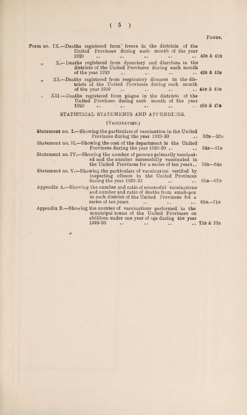 Form no. IX.—Deaths registered from fevers in the districts of the United Provinces during each month of the year 1929 ,, X — Deaths registered from dysentery and diarrhoea in the districts of the United Provinces during each month of the year 1929 ,, XI.—Deaths registered from respiratory diseases in the dis¬ tricts of the United Provinces during each month of the year 1929 XII,—Deaths registered from plague in the districts of the United Provinces during each month of the year 192-j •. c * .. .. STATISTICAL STATEMENTS AND APPENDICES. (Vaccination.) Statement no. I.—Showing the particulars of vaccination in the United Provinces during the year 1929-30 Statement no. II.—Showing the cost of the department in the United Provinces during the year 1929-30 .. Statement no. IV.—Showing the number of persons primarily vaccinat¬ ed and the number successfully vaccinated in the United Provinces for a series of ten years.. Statement no. V.—Showing the particulars of vaccination verified by inspecting officers in the United Provinces during the year 1929-30 Appendix A.—-Showing the number and ratio of successful vaccinations and number and ratio of deaths from small-pox in each district of the United Provinces for a series of ten years Appendix B.—Showing the number of vaccinations performed in the municipal towns of the United Provinces on children under one year of age during the year 1929-30 * Pages. 40b & 41b 42b & 43b 44b & 45b 46b & 47b 50b—58b 54b—57b 59b—64b 65b—67b 68Br~7lB 72b & 73b