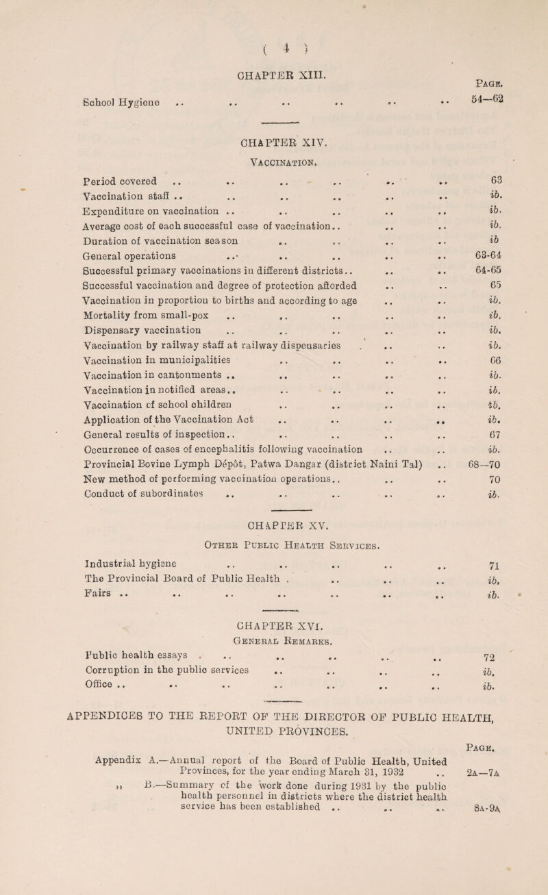 CHAPTER XIII. School Hygiene Page. 54—62 CHAPTER XIV. Vaccination. Period covered » 0 63 Vaccination staff .. • • ib. Expenditure on vaccination .. • • ib. Average cost of each successful case of vaccination.. • • ib. Duration of vaccination season • « ib General operations • 9 63-64 Successful primary vaccinations in different districts.. « a 64-65 Successful vaccination and degree of protection afforded • • 65 Vaccination in proportion to births and according to age • « ib. Mortality from small-pox 0 « ib. Dispensary vaccination » • ib. t Vaccination by railway staff at railway dispensaries 1 • ib. Vaccination in municipalities © • 66 Vaccination in cantonments .. • « ib. Vaccination in notified areas.. • • ib. Vaccination of school children • a ib. Application of the Vaccination Act • 9 ib. General results of inspection.. 0 0 67 Occurrence of cases of encephalitis following vaccination • « ib. Provincial Bovine Lymph Depot, Patwa Dangar (district Naini Tal) • » 68-70 New method of performing vaccination operations.. 0 a 70 Conduct of subordinates O • ib. CHAPTER XV. Other Public Health Services. Industrial hygiene 0 • 9 0 71 The Provincial Board of Public Health . 6 0 • 0 ib, Fairs .. «. .. .. .. © 0 e « ib. CHAPTER XVI. General Remarks. Public health essays . » a • « 72 Corruption in the public services • a • • ib. Office .. •« .. .. .. • 0 9 a ib. APPENDICES TO THE REPORT OF THE DIRECTOR OP PUBLIC HEALTH, UNITED PROVINCES. Page, Appendix A.— Annual report of the Board of Public Health, United Provinces, for the year ending March 31, 1932 .. 2a—7a ,, B.—Summary of the work done during 1931 by the public health personnel in districts where the district health service has been established .. ® • a •. 8a- 9a