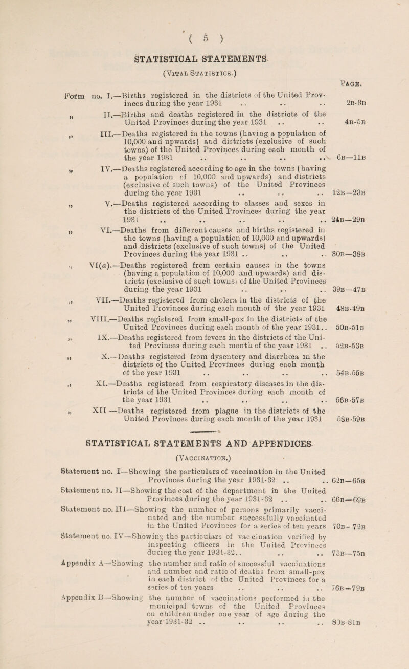 STATISTICAL STATEMENTS (Vital Statistics.) Form no. I.—Births registered in the districts of the United Prov¬ inces during the year 1931 „ II.—Births and deaths registered in the districts of the United Provinces during the year 1931 „ III,—Deaths registered in the towns (having a population of 10,000 and upwards) and districts (exclusive of such towns) of the United Provinces during each month of the year 1931 „ IV.—Deaths registered according to age in the towns (having a population of 10,000 and upwards) and districts (exclusive of such towns) of the United Provinces during the year 1931 „ V.—Deaths registered according to classes and sexes in the districts of the United Provinces during the year 19oi ,. •. •• . * •» „ VI.—Deaths from different causes and births registered in the towns (having a population of 10,000 and upwards) and districts (exclusive of such towns) of the United Provinces during the year 1931 .. ,, VI(a).—Deaths registered from certain causes in the towns (having a population of 10,000 and upwards) and dis¬ tricts (exclusive of such towns; of the United Provinces during the year 1931 ,, VII.—Deaths registered from cholera in the districts of the United Provinces during each month of the year 1931 ,, VIII.—-Deaths registered from small-pox in the districts of the United Provinces during each month of the year 1931.. ,, IX.—Deaths registered from fevers in the districts of the Uni¬ ted Provinces during each month of the year 1931 ,, X.—Deaths registered from dysentery and diarrhoea in the districts of the United Provinces during each month of the year 1931 ,, XL—Deaths registered from respiratory diseases in the dis¬ tricts of the United Provinces during each month of the year 1931 „ XII —Deaths registered from plague in the districts of the United Provinces during each month of the year 1931 STATISTICAL STATEMENTS AND APPENDICES- (Vaccination.) Statement no. I—-Showing the particulars of vaccination in the United Provinces during the year 1931-32 .. Statement no. II—Showing the cost of the department in the United Provinces during the year 1931-32 .. Statement no. Ill—Showing the number of persons primarily vacci¬ nated and the number successfully vaccinated in the United Provinces for a series of ten years Statementno.IV—Showing the particulars of vaccination verified by inspecting officers in the United Provinces during the year 1931-32.. Appendix A—Showing the number and ratio of successful vaccinations and number and ratio of deaths from small-pox in each district of the United Provinces for a series of ten years Appendix B—Showing the number of vaccinations performed in the municipal towns of the United Provinces on children under one year of age during the year 1931-32 .. PAGffi 2b-3b 4b-5b Gb—11b 12b—23b 24b—29b 30b—38b 39b—47b 48b-49b 50b-51b 52b-53b 54b-55b 56b-57b 58b-59b 62b—65b 66b—69b 70b- 72b 73b—75b 76b —79b 8Ib-81b
