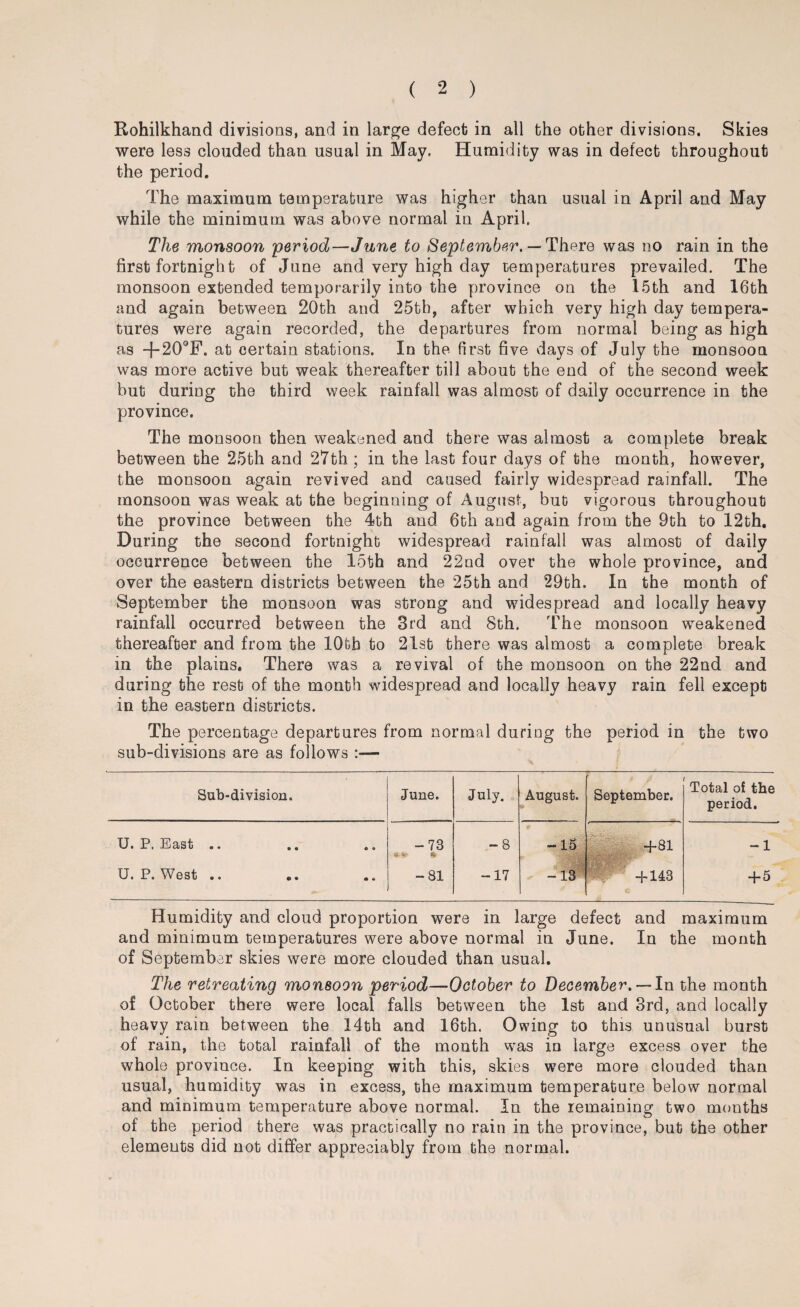 Rohilkhand divisions, and in large defect in all the other divisions. Skies were les3 clouded than usual in May. Humidity was in defect throughout the period. The maximum temperature was higher than usual in April and May while the minimum was above normal in April. The monsoon period—June to September. — There was no rain in the first fortnight of June and very high day temperatures prevailed. The monsoon extended temporarily into the province on the X5th and 16th and again between 20th and 25th, after which very high day tempera¬ tures were again recorded, the departures from normal being as high as + 20°F. at certain stations. In the first five days of July the monsoon was more active but weak thereafter till about the end of the second week but during the third week rainfall was almost of daily occurrence in the province. The monsoon then weakened and there was almost a complete break between the 25th and 27th ; in the last four days of the month, however, the monsoon again revived and caused fairly widespread rainfall. The monsoon was weak at the beginning of August, but vigorous throughout the province between the 4th and 6th and again from the 9th to 12th. During the second fortnight widespread rainfall was almost of daily occurrence between the 15th and 22nd over the whole province, and over the eastern districts between the 25th and 29th, In the month of September the monsoon was strong and widespread and locally heavy rainfall occurred between the 3rd and 8th. The monsoon weakened thereafter and from the 10th to 21st there was almost a complete break in the plains. There was a revival of the monsoon on the 22nd and during the rest of the month widespread and locally heavy rain fell except in the eastern districts. The percentage departures from normal during the period in the two sub-divisions are as follows :— Sub-division. June. July. August. September. Total oi the period. U. P. East .. -73 s* -8 -15 +81 -1 U. P. West .. -81 -17 -13 + 143 + 5 Humidity and cloud proportion were in large defect and maximum and minimum temperatures were above normal in June. In the month of September skies were more clouded than usual. The retreating monsoon period—October to December. —In the month of October there were local falls between the 1st and 3rd, and locally heavy rain between the 14th and 16th. Owing to this unusual burst of rain, the total rainfall of the mouth was in large excess over the whole province. In keeping with this, skies were more clouded than usual, humidity was in excess, the maximum temperature below normal and minimum temperature above normal. In the remaining two months of the period there was practically no rain in the province, but the other elements did not differ appreciably from the normal.