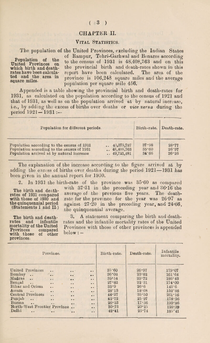 CHAPTER II. Vital Statistics. The population of the United Provinces, excluding the Indian States of Rampur, Tehri-Garhwal and Benares according to the census of 1931 is 48,408,763 and on this the provincial birth and death-rates shown in this report have been calculated. The area of the province is 106,248 square miles and the average population per square mile 456. Appended is a table showing the provincial birth and death-rates for 1931, as calculated on the population according to the census of 1921 and that of 1931, as well as on the population arrived at by natural increase, i.e., by adding the excess of births over deaths or vice versa during the period 1921 — 1931 :— Population of the United Provinces on which birth and death- rates have been calcula¬ ted and the area in square miles. Population for different periods. Birth-rate. Death-rate. Population according to the census of 1921 .. 45,375,787 37*98 28*77 Population according to the census of 1931 .. 48,408,763 35*60 26*97 Population arrived at by natural increase .. 49,721,481 34*66 26*26 The explanation of the increase according to the figure arrived at by adding the excess of births over deaths during the period 1921—1931 has been given in the annual report for 1930. 2. In 1931 the birth-rate of the province was 35*60 as compared The birth and death- with 37'31 io the PrecedinS? year and 36,16 the rates of 1931 compared with those of 1930 and the quinquennial period {Statements I and II.) average of the previous five years. The death- rate for the province for the year was 26*97 as against 27*20 in the preceding year, and 24*66, the quinquennial average. The birth and death- rates and infantile mortality of the United Provinces compared with those of other provinces. 3. A statement comparing the birth and death- rates and the infantile mortality rates of the United Provinces with those of other provinces is appended below : — Province. Birth-rate- Death-rate. Infantile mortality. United Provinces • « • • 35*60 26*97 179*07 Bombay .. 36*08 23*82 161*64 Madras • • • • 35*54 23*72 186*43 Bengal • • • • 27*82 22-31 174*00 Bibar and Orissa • • • • 33*9 26*6 143*6 Assam • • • • 28*13 18*68 152*86 Central Provinces * • • « 44*27 35*50 261*16 Punjab • • • • 42*72 25-97 178-26 Burma © • • • 26*53 17*36 190*86 North-West Frontier Province • • • • 30*73 20*25 128*39 Delhi • • • • 42*41 23*74 185*41