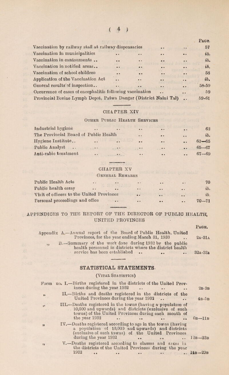 Page. Vaccination by railway staff at railway dispensaries .. 57 Vaccination in municipalities .. .. .. .. ib. Vaccination in cantonments .. .. .. .. .. ib. Vaccination in notified areas.. .. .. .. .. ib. Vaccination of school children .. .. .. .. 58 Application of the Vaccination Act .. .. .. . „ ib. General results of inspection.. .. .. .. .. 58-59 Occurrence of cases of encephalitis following vaccination .. .. 59 Provincial Bovine Lymph Depot, Patwa Dangar (District Naini Tal) .. 59-61 CHAPTER XIV Other Public Health Services Industrial hygiene The Provincial Board of Public Health Hygiene Institute.. Public Analyst .. .< ... Anti-rabic treatment CHAPTER XV General Remarks Public Health Acts Public health essay Visit of officers to the United Provinces .. Fersonal proceedings and office 62 ib. 62—65 65—67 67—69 70 ib. ib. 70-71 APPENDICES TO THE REPORT OP THE DIRECTOR OP PUBLIC HEALTH, UNITED PROVINCES Page. Appendix A.—Annual report of the Board of Public Health, United Provinces, for the year ending March 31, 1933 .. 2a-31a ,, B.—Summary of the work done during 1932 by the public health personnel in districts where the district health service has been established .. .. .. 32a-33a STATISTICAL STATEMENTS- (Vital Statistics) B^orm no. I.—Births registered in the districts of the United Prov¬ inces during the year 1932 .. .. .. 2b-3b „ II.—Births and deaths registered in the districts of the United Provinces during the year 1932 .. .. 4b*5b ,, III.—Deaths registered in the towns (having a population of 10,000 and upwards) and districts (exclusive of such towns) of the United Provinces during each month of the year 1932 .. .. .. .. 6b—11b IV.—Deaths registered according to age in the towns (having a population of 10,000 and upwards) and districts (exclusive of such towns) of the United Provinces during the year 1932 .. oa .. 12b—23b „ V.—Deaths registered according to classes and saxes in the districts of the United Provinces during the year 1932 .. .. .. .. 21b—29b