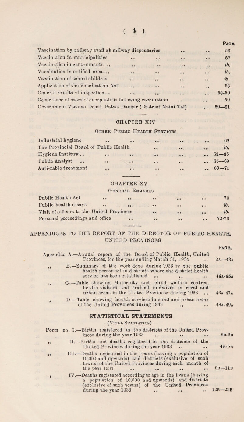 Vaccination by railway staff at railway dispensaries Vaccination in. municipalities Vaccination in cantonments .. Vaccination in notified areas.. Vaccination of school ohildren Application of the Vaccination Act .. .. General results of inspection.. .. .. Occurrence of cases of encephalitis following vaccination l Government Vaocine Depot, Patwa Dangar (District Naini Tal) Page. 56 57 ib. ib. ib. 58 58-59 59 59—61 CHAPTER XIV Other Public Health Services Industrial hygiene The Provincial Board of Public Health Hygiene Institute.. Public Analyst Anti-rabic treatment 62 .. ib. .. 62—65 .. 65—69 .. 69-71 CHAPTER XV General Remarks Public Health Act Public health essays Visit of officers to the United Provinces Fersonal proceedings and office 72 ib. ib. 72-73 APPENDICES TO THE REPORT OP THE DIRECTOR OF PUBLIC HEALTH, UNITED PROVINCES Page, Appendix A.—Annual report of the Board of Public Health, United Provinces, for the year ending March 31, 1934 .. 2a—43a ,, B.—Summary of the work done during 1933 by the public health personnel in districts where the district health service has been established .. .. .. 44a-45a • *■ » « C.—Table showing Maternity and child welfare centres, health visitors and trained midwives in rural and urban areas in the United Provinces during 1933 .. 46a 47a D—Table showing health services in rural and urban areas of the United Provinces during 1933 .. .. 48a-49a STATISTICAL STATEMENTS (Vital Statistics) Form no, I.—Births registered in the districts of the United Prov¬ inces during the year 1933 .. .. .. 2b-3b „ II.—Births and deaths registered in the districts of the United Provinces during the year 1933 .. .. 4b-5b „ III.—Deaths registered in the towns (having a population of 10,000 and upwards) and districts (exclusive of such towns) of the United Provinces during each month of the year 1S33 .. .. .. .. 6b—ILb , IV.—Deaths registered according to age in the towns (having a population of 10,000 and upwards) and districts (exclusive of such towns) of the United Provinces during the year 1933 ?9 . • 12b—23b