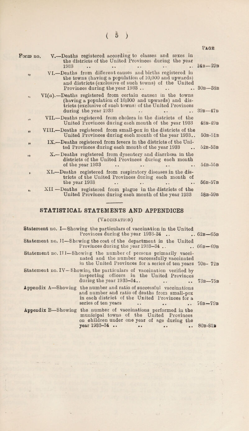 Page Form no. V.—Deaths registered according to classes and sexes in the districts of the United Provinces during the year 1933 1f VI.—Deaths from different causes and births registered in the towns (having a population of 10,000 and upwards) and districts (exclusive of such towns) of the United Provinces during the year 1933 .. „ VI(a).—Deaths registered from certain causes in the towns (having a population of 10,000 and upwards) and dis¬ tricts (exclusive of such towns) of the United Provinces during the year 1933 ,, VII.—Deaths registered from cholera in the districts of the United Provinces during each month of the year 1933 „ VIII.—Deaths registered from small-pox in the districts of the United Provinces during each month of the year 1933.. „ IX.—Deaths registered from fevers in the districts of the Uni¬ ted Provinces during each month of the year 1933 ,, X.—Deaths registered from dysentery and diarrhoea in the districts of the United Provinces during each month of the year 1933 , XI.—Deaths registered from respiratory diseases in the dis¬ tricts of the United Provinces during each month of the year 1933 „ XII —Deaths registered from plague in the districts of the United Provinces during each month of the year 1933 STATISTICAL STATEMENTS AND APPENDICES (Vaccination) Statement no. I—Showing the particulars of vaccination in the United Provinces during the year 1933-34 .. Statementno.il—Showing the cost of the department in the United Provinces during the year 1933—34 .. Statement no. IT I—Showing the number of persons primarily vacci¬ nated and the number successfully vaccinated in the United Provinces for a series of ten years Statement no. IV— Showing the particulars of vaccination verified by inspecting officers in the United Provinces during the year 1933—34.. Appendix A—Showing the number and ratio of successful vaccinations and number and ratio of deaths from small-pox in each district of the United Provinces for a series of ten years Appendix B—Showing the number of vaccinations performed in the municipal towns of the United Provinces on ohildren under one year of age during the year 1933-34 .. 24b—29b 30b—38b 39b—47b 48b-49b 50b-51b 52b-53b 54b-55b 56b-57b 58b*59b 62b—65b 66b—69b 70b- 72b 73b—75b 76b—79b • • 80b-81b