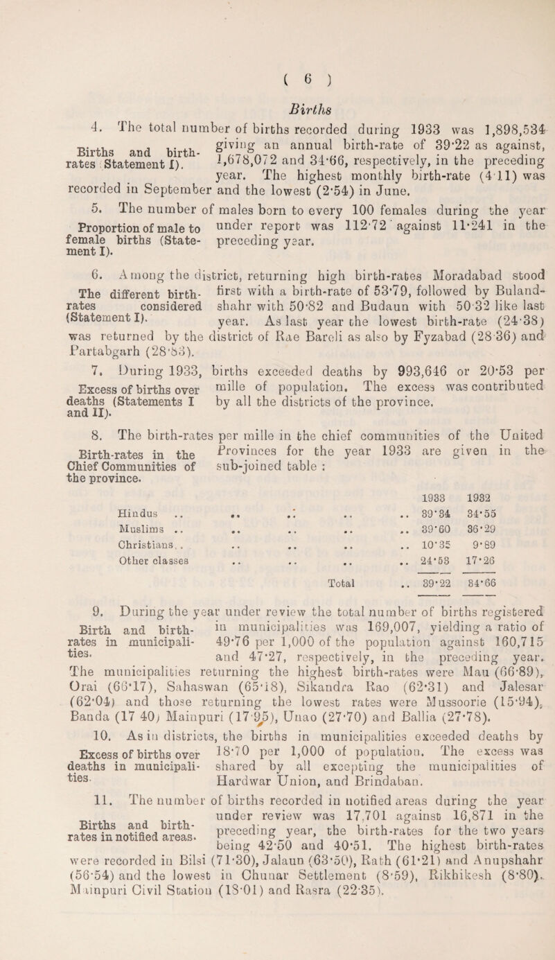 Births 4. The total Dumber of births recorded during 1933 was 1,898,534 t,. ,, , , . .. giving an annual birth-rate of 39*22 as against, rates Statement!). 1,678,0/2 and 34*66, respectively, in the preceding year. The highest monthly birth-rate (4T1) was recorded in September and the lowest (2*54) in June. 5. The number of males bom to every 100 females during the year Proportion of male to under report was 112*72 ‘ against 11*241 in the female births (State- preceding year, ment I). ° J 6. Among the district, returning high birth-rates Moradabad stood The different birth- ^rst a birth-rate of 53*79, followed by Buland- rates considered shahr with 50*82 and Budaun with 50*32 like last (Statement I). year. As last year the lowest birth-rate (24*38) was returned by the district of Rae Bareli as also by Fyzabad (28 36) and Partabgarh (28*63). 7. During 1933, births exceeded deaths by 993,646 or 20*53 per Excess of births over mdle of population. The excess was contributed deaths (Statements I by all the districts of the province. and II). 8. The birth-rates per mille in the chief communities of the United Birth-rates in the Provinces for the year 1933 are given in the Chief Communities of sub-joined table : the province. Hindus « 4 • • 0 O 1933 .. 39*34 1932 34*55 Muslims .. « • • t> 0 0 .. 39*60 36*29 Christians.. . tl • 0 • 0 9 .. 10*35 9*89 Other classes • a 0 o 0 0 24*53 17*26 Total .. 39*22 34*66 9. During the year under review the total number of births registered Birth and birth- m municipalities was 169,007, yielding a ratio of rates in municipali- 49*76 per 1,000 of the population against 160,715 ^ies* and 47*27, respectively, in the preceding year. The municipalities returning the highest birth-rates were Mau (66*89), Orai (66*17), Sahaswan (65*18), Sikandra Rao (62*31) and Jalesar (62*04) and those returning the lowest rates were Mussoorie (15*94)* Banda (17 40) Mainpuri (17 95), Unao (27*70) and Ballia (27*78). 10. As in districts, the births in municipalities exceeded deaths by Excess of births over 18*/0 per 1,000 of population, JLho excess was deaths in municipali- shared by all excepting the municipalities of ^ie3, Hardwar Union, and Brindaban. Births and birth¬ rates in notified areas. 11. The number of births recorded in notified areas during the year under review was 17,701 against 16,871 in the preceding year, the birth-rates for the two years being 42*50 and 40*51. The highest birth-rates were recorded in Bilsi (71*30), Jalaun (63*50), Rath (61*21) and Annpshahr (56*54) and the lowest in Chunar Settlement (8*59), Rikhikesh (8*80),. Mainpuri Civil Station (18*01) and Rasra (22*35).