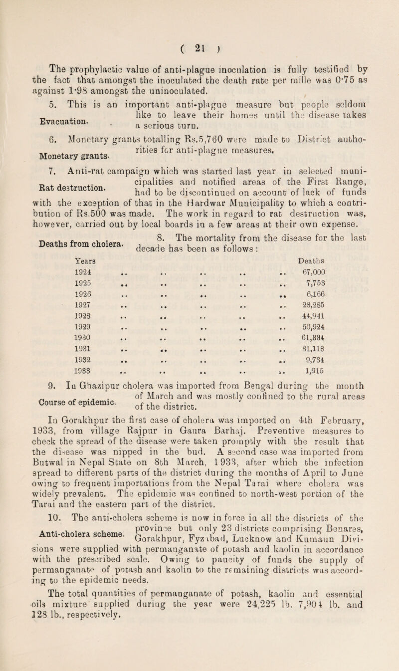 The prophylactic value of anti-plague inoculation is fully testified by the fact that amongst the inoculated the death rate per mille was 075 as against 1*98 amongst the uninoculated. 5. This is an important anti-plague measure but people seldom . like to leave their homes until the disease takes Evacuation. . a serjous turQ_ 6. Monetary grants totalling Rs.5,760 were made to District autho- „„ . rities for anti-plague measures. Monetary grants. r ® 7. Anti-rat campaign which was started last year in selected muni- cipalities and notified areas of the First Range, a e^ rue ion. had to be discontinued on account of lack of funds with the exception of that in the Hardwar Municipality to which a contri¬ bution of Rs.500 was made. The work in regard to rat destruction was, however, carried out by local boards in a few areas at their own expense. 8. The mortality from the disease for the last decade has been as follows : Deaths 67,000 7,753 Deaths from cholera. Years 1924 1925 1926 1927 1928 1929 1930 1931 1932 1933 6,166 28,285 44,941 50,924 61,334 31,118 9,734 1,915 9. In Ghazipur cholera was imported from Bengal during the month of March and was mostly confined to the rural areas of the district. Course of epidemic. In Gorakhpur the first case of cholera was imported on 4th February, 1933, from village Rajpur in Gaura Barhaj. Preventive measures to check the spread of the disease were taken promptly with the result that the disease was nipped in the bud. A second case was imported from Butwal in Nepal State on 8th March, 1933, after which the infection spread to different parts of the district during the months of April to June owing to frequent importations from the Nepal Tarai where cholera was widely prevalent. The epidemic was confined to north-west portion of the Tarai and the eastern part of the district. 10. The anti-cholera scheme is now in force in all the districts of the . .. , . , province but only 23 districts comprising Benares. Anti-cholera scheme. 3 , u ™ . T ^ J tv - Gorakhpur. ryzibad, Ducknow and kumaun Divi¬ sions were supplied with permanganate of potash and kaolin in accordance with the prescribed scale. Owing to paucity of funds the supply of permanganate of potash and kaolin to the remaining districts was accord¬ ing to the epidemic needs. The total quantities of permanganate of potash, kaolin and essential oils mixture supplied during the year were 24,225 lb. 7,901 lb. and 128 lb., respectively.