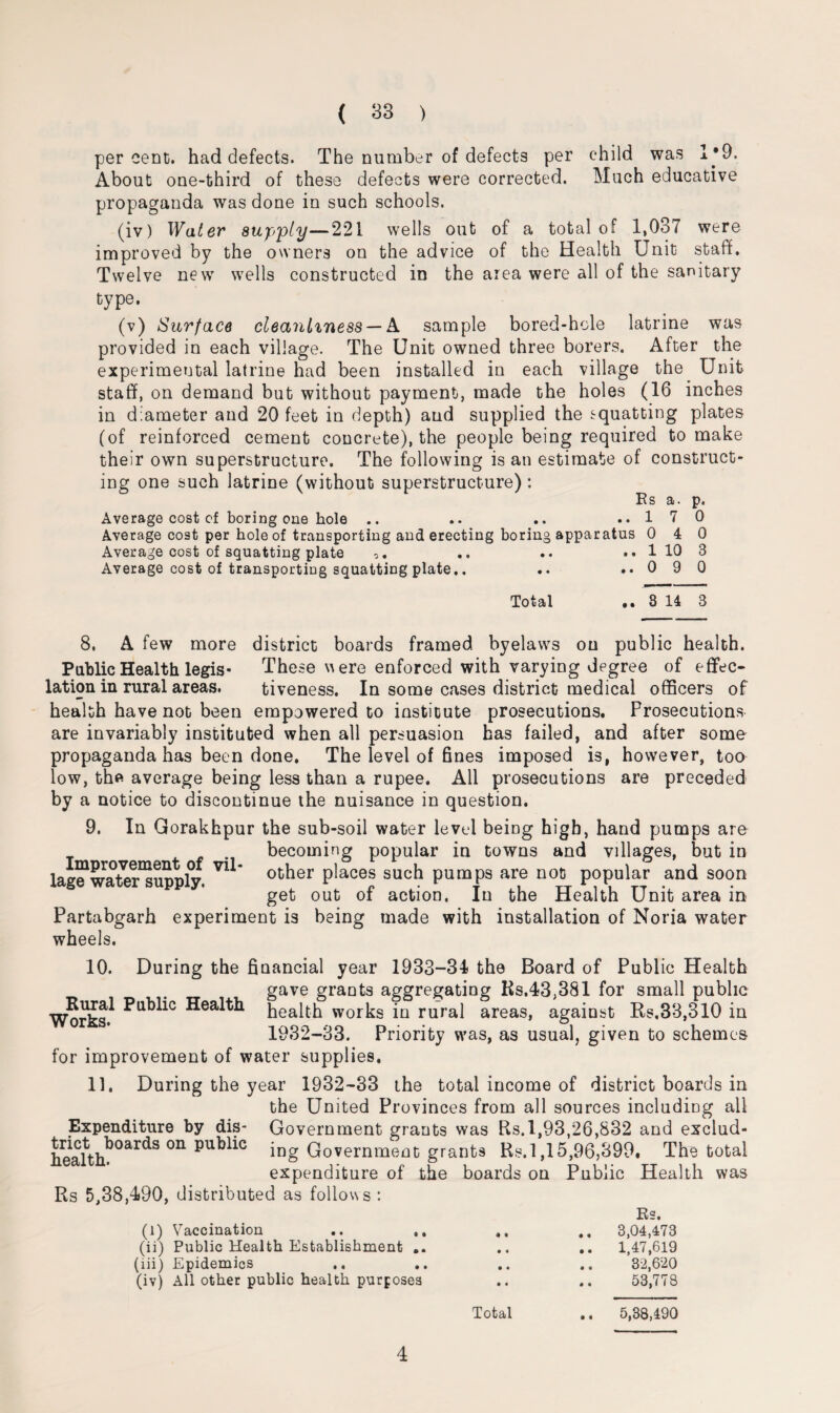 percent, had defects. The number of defects per child was 1*9. About one-third of these defects were corrected. Much educative propaganda was done in such schools. (iv) Water supply—221 wells out of a total of 1,037 were improved by the owners on the advice of the Health Unit staff. Twelve newT wells constructed in the area were all of the sanitary type. (v) Surface cleanliness — A sample bored-hcle latrine was provided in each village. The Unit owned three borers. After the experimental latrine had been installed in each village the Unit staff, on demand but without payment, made the holes (16 inches in diameter and 20 feet in depth) and supplied the squatting plates (of reinforced cement concrete), the people being required to make their own superstructure. The following is an estimate of construct¬ ing one such latrine (without superstructure) : Es a. p. Average cost cf boring one hole .. .. .. ..170 Average cost per hole of transporting and erecting boring apparatus 0 4 0 Average cost of squatting plate 0. .. .. ., 110 3 Average cost of transporting squatting plate.. .. ..090 Total .. 3 14 3 8. A few more district boards framed byelaws on public health. Public Health legis- These were enforced with varying degree of effec- lation in rural areas. tiveness. In some cases district medical officers of health have not been empowered to institute prosecutions. Prosecutions are invariably instituted when all persuasion has failed, and after some propaganda has been done. The level of fines imposed is, however, too low, the average being less than a rupee. All prosecutions are preceded by a notice to discontinue the nuisance in question. 9. In Gorakhpur the sub-soil water level being high, hand pumps are . becoming popular in towns and villages, but in la^water^uuTilv Vl** °ther places such pumps are not popular and soon get out of action. In the Health Unit area in Partabgarh experiment is being made with installation of Noria water wheels. 10. During the financial year 1933-34 the Board of Public Health gave grants aggregating Ks.43,381 for small public Works^ ■^ea^1 health works in rural areas, against Rs.33,310 in 1932-33. Priority was, as usual, given to schemes for improvement of water supplies. 11. During the year 1932-33 the total income of district boards in the United Provinces from all sources including ail Expenditure by dis- Government grants was Rs. 1,93,26,832 and exclud- he^alth^0^8 0n PU^° ing Government grants Rs.l ,15,96,399. The total expenditure of the boards on Public Health was Rs 5,38,490, distributed as follows : (l) Vaccination .. (ii) Public Health Establishment .. (iii) Epidemics .. .. (iv) All other public health purposes Total Es. 3,04,473 1,47,619 82,620 53,778 5,38,490 4