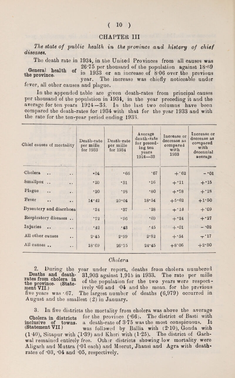 CHAPTER III The state of 'public health in the province and history of chief diseases. The death rate in 1934, in the United Provinces from all causes was r , 26*75 per thousand of the population against 18+9 uenerai neaitii n in 1933 or an increase of 8'06 over the previous year. The increase was chiefly noticeable under the province. fever, all other causes and plague. In the appended table are given death-rates from principal causes per thousand of the population in 1934, in the year preceding it and the average for ten years 1924—33. In the last two columns have been compared the death-rates for 1934 with that for the year 1933 and with the rate for the ten-year period ending 1933. Chief causes of mortality Death-rate per mille for 1933 Death-rate per mille for 1934 Average death-rate for preced¬ ing ten years 1924—33 Increase or decrease as compared with 1933 Increase or decrease as compared with decennial average Cholera •04 •66 *67 + *62 - *01 Smallpox .. •20 •31 •16 + •11 + *15 Plaguo •20 *93 *80 + • —T GO + •18 Fever 14*42 20*04 18*54 4-5*62 +1*50 Dysentery and diarrhoea *24 *37 •28 4- * 13 + *C9 Respiratory diseases .. *72 *96 *69 + •24 + •27 Injuries *,42 *43 * 45 + *01 - -02 All other causes 2*45 2-99 2*82 + •54 t-17 All causes .. 18*69 26*75 24*45 + 8*06 4-2*30 Cholera 2. During the year under report, deaths from cholera numbered Deaths and death- 31,903 against 1,915 in 1933. The rate per mille theeprovkLceh0lfstate“ of the population for the two years were respect- mentVII.) ively *66 and -04 and the mean, for the previous five years was * 67. The largest number of deaths (6,979) occurred in August and the smallest (2) in January. 3. In five districts the mortality from cholera was above the average Cholera in districts f°r province (*66). The district of Basti with inclusive of towns, a death-rate of 3*75 was the most conspicuous. It (Statement VII) was followed by Ballia with (2-10), Gonda with (T40), Sitapur with (1*39) and Kheri with (1’25). The district of Garh- wal remained entirely free. Other districts showing low mortality were Aligarh and Muttra (*01 each) and Meerut, Jhansi and Agra with death- rates of *03, *04 and *05, respectively.