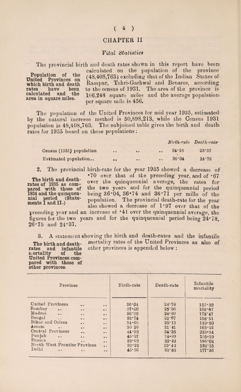 CHAPTER II Vital Statistics The provincial birth and death rates shown in this report have beeih calculated on the population of the province (48,408,763) excluding that of the Indian States of Rampur, Tehri-Garhwal and Benares, according to the census of 1931. The area of the province is 106,248 square miles and the average population* per square mile is 456. Population of the United Provinces on which birth and death rates have been calculated and the area in square miles. The population of the United Provinces for mid year 1935, estimated by the natural incresse method is 50,898,213, while the Census 1931 population is 48,408,763. The subjoined table gives the birth and death* rates for 1935 based on these populations : Birth-rate Death-rate3 Census (1931) population .. .. 34*28 23*57 Estimated population.. .. .. 36*04 24*78 2. The provincial birth-rate for the year 1935 showed a decrease of •70 over that of the preceding year, and of ‘67 over the quinquennial average, the rates for the two years and for the quinquennial period being 36*04, 36*74 and 36*71 per mille of the population. The provincial death-rate for the year also showed a decrease of 1*97 over that of the preceding year and an increase of *41 over the quinquennial average, the figures for the two years and for the quinquennial period being 24*78, 26*75 and 24*37. The birth and death- rates of 1935 as com¬ pared with those of 1934 and the quinquen¬ nial period (State¬ ments I and II.) 3. A statement showing the birth and death-rates and the infantile The birth and death- mortality rates of the United Provinces as also of rates and infantile other provinces is appended below : mortality of the United Provinces com¬ pared with those of other provinces. Province Birth-rate Death-rate Infantile mortality United Provinces 36*04 24*78 157*20 Bombay 37*00 25*56 163*87 Madras 36*99 24*89 178'47 Bengal 32*74 22*67 158-51 Bibar and Orissa 34*65 25*13 129-20 Assam 30 26 21-41 163*22 Central Provinces 44*93 34*35 223*54 Punjab 45*57 24*89 155*19 Burma 33*03 20*42 186*04 North West Frontier Province 32*22 19*42 132*15 Delhi 45*36 30*35 177*26 l