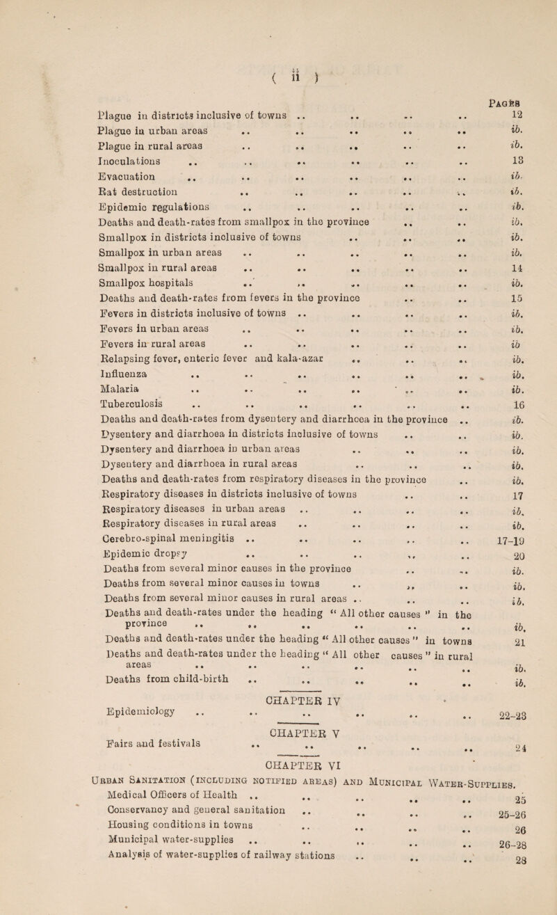 pAGfcB Plague in district,? inclusive of towns .. ® • rr • 0 0 12 Plague in urban areas • • 0 9 9 • ib. Plague in rural areas • • • • 0 • ib. Inoculations .. .. • 0 • • 0 • IB Evacuation • 0 • 0 • • ib- Rat destruction • • • 0 * V ib. Epidemic regulations • • • 0 0 » ib. Deaths and death-rates from smallpox in the province • 9 9 • ib. Smallpox in districts inclusive of towns • • • 0 0 • ib. Smallpox in urban areas • « • 0 0 0 ib. Smallpox in rural areas • • • 0 0 0 14 Smallpox hospitals • 0 0 9 0 ib. Deaths and death-rates from fevers in the province 0 • 0 0 15 Fevers in districts inclusive of towns .. • • 0 • 0 0 ib. Fevers in urban areas • • • • 0 0 ib. Fevers in rural areas • • 0 « 0 0 ib Relapsing fever, enteric fever and kala-azar e 9 0 • a t ib. Influenza • • 0 0 • 0 ib. Malaria © • 9 * • 9 ib. Tuberculosis * • O * 0 0 16 Deaths and death-rates from dysentery and diarrhoea in the province .. ib. Dysentery and diarrhoea in districts inclusive of towns 0 • • « ib. Dysentery and diarrhoea in urban areas © * 0 0 0 • ib. Dysentery and diarrhoea in rural areas e * 0 0 0 0 ib. Deaths and death-rates from respiratory diseases in the province ib. Respiratory diseases in districts inclusive of towns # • 0 0 17 Respiratory diseases in urban areas * • 0 • < 0 ib. Respiratory diseases in rural areas m • 0 * 0 0 ib. Gerebro-spinal meningitis .. • • 0 • 0 • 17-19 Epidemic dropsy • • V 0 0 0 20 Deaths from several minor causes in the province • • *» 0 ib. Deaths from several minor causes in towns • • J f 9 0 ib. Deaths from several minor causes in rural areas • » © • 0 0 ib, Deaths and death-rates under the heading “ All other causes ” in the province O 0 © • # 9 ib. Deaths and death-rates under the heading “ All other causes ” in towns 21 Deaths and death-rates under the beading “ All other causes ” in rural areas * • 0 • • 0 ib. Deaths from child-birth e e 0 0 • 0 ib. CHAPTER IV 0 Epidemiology © • 0 « 9 0 22-28 CHAPTER V Fairs and festivals o « 0 0 • 0 24 CHAPTER VI * Urban Sanitation (including notified areas) and Municipai Water-Supplies. Medical Officers of Health .. © 0 0 0 • • 25 Conservancy and general sanitation ® 0 © • © « 25-26 Housing conditions in towns 0 0 0 9 0 0 26 Municipal water-supplies * 0 0 • 0 0 26-28 Analysis of water-supplies of railway stations * 0 0 0 0 0 28