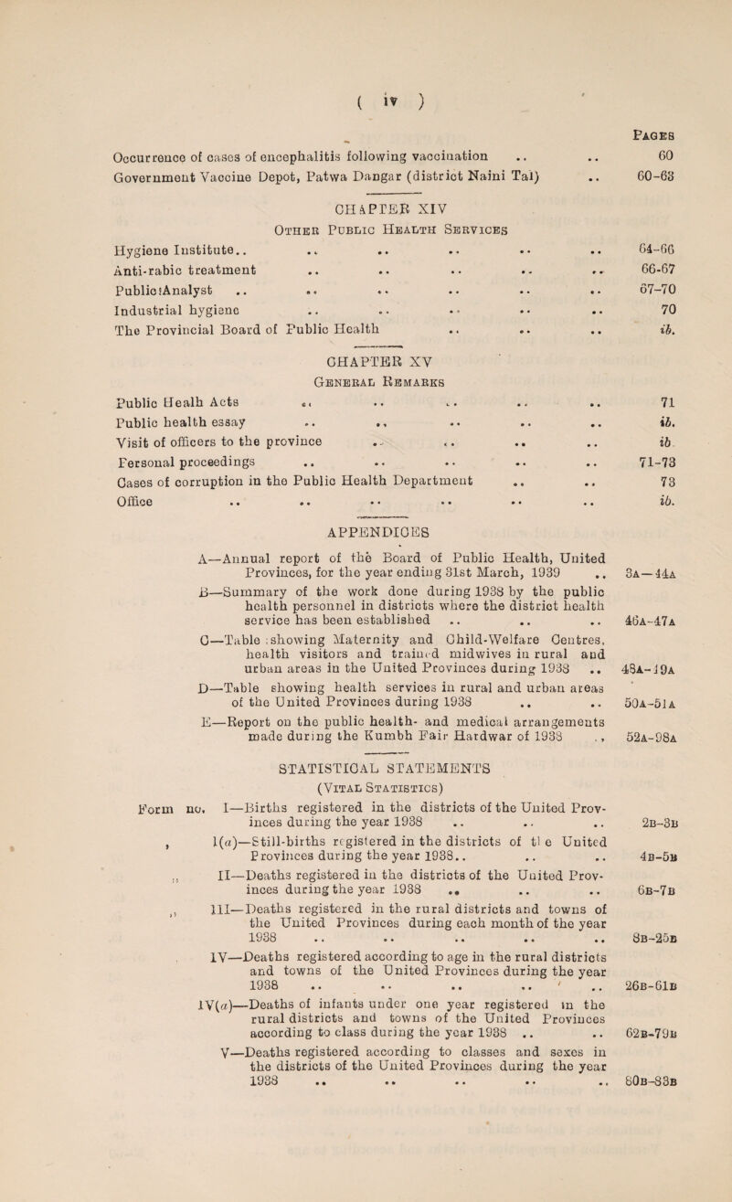 Occurrence of cases of encephalitis following vaccination Government Vaccine Depot, Patwa Dangar (district Naini Tal) CHAPTER XIV Other Public Health Services Hygiene Institute.. Anti-rabic treatment Public ^Analyst .. «. * • •• •• •• Industrial hygiene The Provincial Board of Public Health CHAPTER XV General Remarks Public H ealhActs s > •» *.• •« •. Public health essay Visit of officers to the province Fersonal proceedings Cases of corruption in the Public Health Department Office •• »• •• •• •• .. APPENDICES A—Annual report of the Board of Public Health, United Provinces, for the year ending 81st March, 1939 B—Summary of the work done during 1933 by the public health personnel in districts where the district health service has been established C—Table ;showing Maternity and Child-Welfare Centres, health visitors and trained midwives in rural and urban areas in the United Provinces during 1933 D—Table showing health services in rural and urban areas of the United Provinces during 1933 E—Report on the public health- and medical arrangements made during the Kumbh Pair Hardwar of 1933 STATISTICAL STATEMENTS (Vital Statistics) Form no, I—Births registered in the districts of the United Prov¬ inces during the year 1938 , 1(a)—Still-births registered in the districts of tl e United Provinces during the year 1938.. II—Deaths registered in the districts of the United Prov¬ inces during the year 1938 .* )5 III—Deaths registered in the rural districts and towns of the United Provinces during each month of the year 1938 .. .. . • .. .. IV—Deaths registered according to age in the rural districts and towns of the United Provinces during the year 1938 .. .. .. ' XV(a)-— Deaths of infants under one year registered m the rural districts and towns of the United Proviuces according to class during the year 1938 .. y—Deaths registered according to classes and sexes in the districts of the United Provinces during the year 1938 Pages 60 60-63 61-66 66- 67 67- 70 70 ib. 71 ib. ib 71-73 73 ib. 3a — 44a 46a-47a 48a-19a 50a-51a 52a-98a 2b-3b 4b-5b 6b-7b 8b-25b 26b-61b 62b-79b 80b-83b