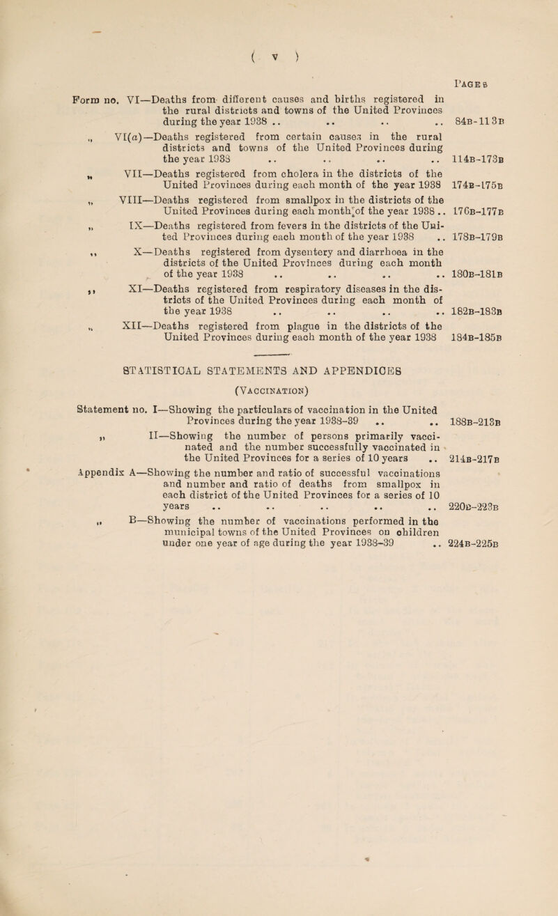 Form no. VI—Deaths from different causes and births registered in the rural districts and towns of the United Provinces during the year 1938 .. Vl(a)— Deaths registered from certain causes in the rural districts and towns of the United Provinces during the year 1938 „ VII—Deaths registered from cholera in the districts of the United Provinces during each month of the year 1938 „ VIII—Deaths registered from smallpox in the districts of the United Provinces during each month^of the year 1938 .. „ IX—Deaths registered from fevers in the districts of the Uni¬ ted Provinces during each month of the year 1938 ,, X—Deaths registered from dysentery and diarrhoea in the districts of the United Provinces during each month of the year 1938 ,, XI—Deaths registered from respiratory diseases in the dis¬ tricts of the United Provinces during each month of the year 1938 u XII—Deaths registered from plague in the districts of the United Provinces during each month of the year 1938 STATISTICAL STATEMENTS AND APPENDICES (Vaccination) Statement no. I—Showing the particulars of vaccination in the United Provinces during the year 1938-39 ,, II—Showing the number of persons primarily vacci¬ nated and the number successfully vaccinated in the United Provinces for a series of 10 years Appendix A—Showing the number and ratio of successful vaccinations and number and ratio of deaths from smallpox in each district of the United Provinces for a series of 10 years t, B—Showing the number of vaccinations performed in the municipal towns of the United Provinces on ohildren under one year of age during the year 1938-39 Page b 84b-113b 114b-173b 174b-L75b 170b-177b 178b-179b 180b~181b 182b-183b 184b-185b 188b~213b 214b-217b 220b-223b 224b-225b