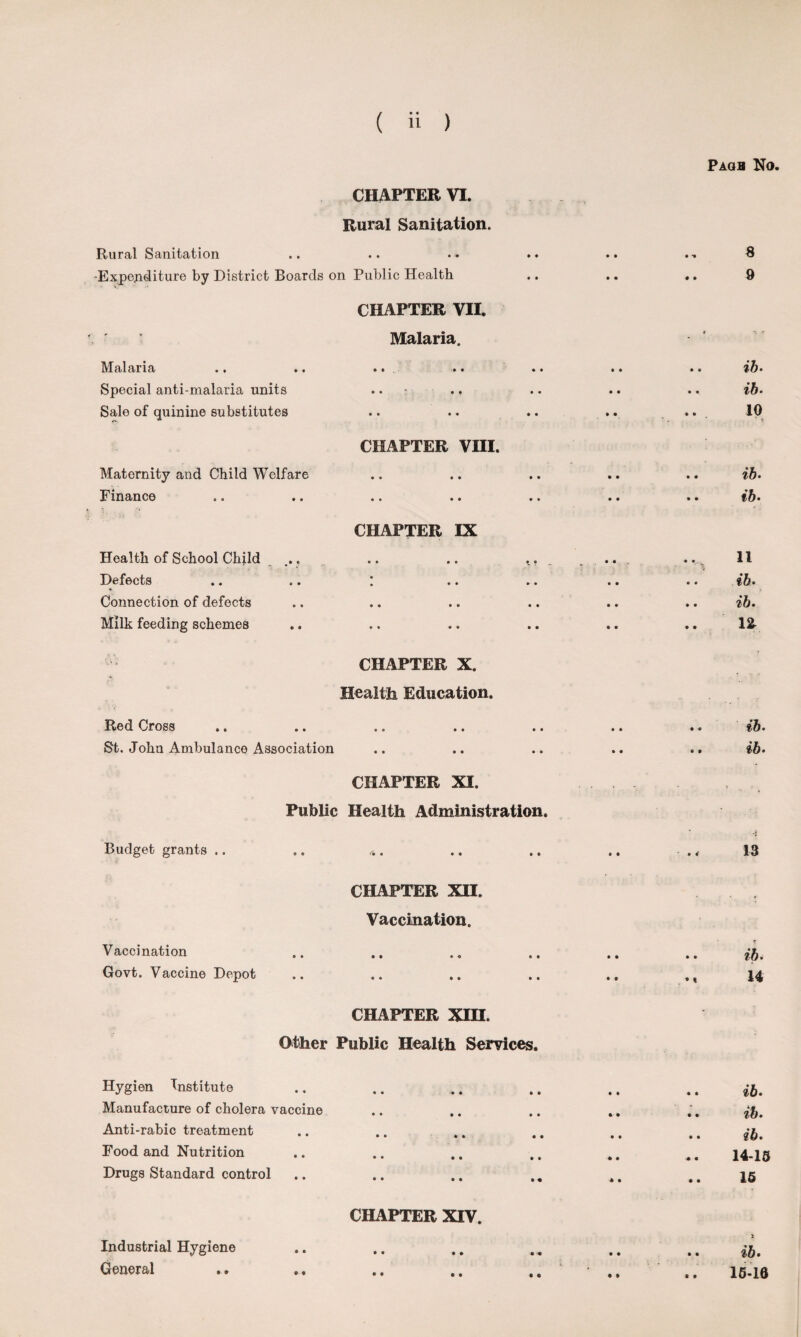 CHAPTER VI. Rural Sanitation. Rural Sanitation •Expenditure by District Boards on Public Health CHAPTER VII. Malaria. Malaria «• •« •• • • Special anti-malaria units .. Sale of quinine substitutes CHAPTER VIII. Maternity and Child Welfare Finance CHAPTER IX Health of School Child .., .. .. ., Defects .. .. : Connection of defects Milk feeding schemes CHAPTER X. Health Education. Red Cross St. John Ambulance Association CHAPTER XI. Public Health Administration. Budget grants .. .. * . CHAPTER XII. Vaccination. Vaccination Govt. Vaccine Depot CHAPTER XIII. Other Public Health Services. Hygien Institute Manufacture of cholera vaccine Anti-rabic treatment Food and Nutrition Drugs Standard control CHAPTER XIV. Industrial Hygiene General Paqh No. 8 9 ib. ib. 10 ib. ib. 11 ib. ib. I2r ib. ib. 13 ib. 14 • • * • ib. ib. ib. 14-15 15 ib. 15-16