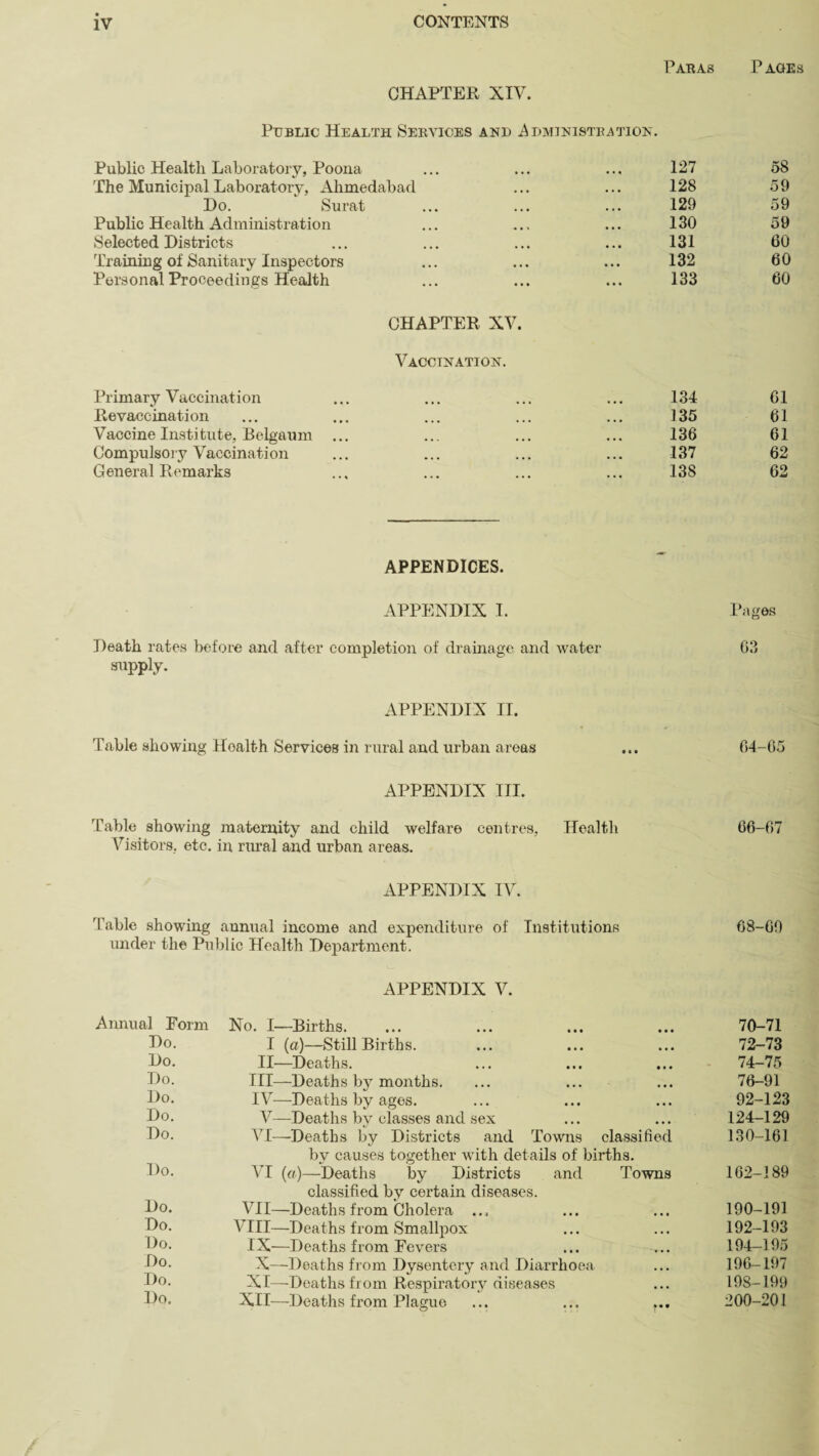 Paras CHAPTER NIV. Public Health Services and Administration. Public Health Laboratory, Poona ... ... ... 127 The Municipal Laboratory, Ahmedabad ... ... 128 Do. ‘ Surat ... ... ... 129 Public Health Administration ... ... ... 130 Selected Districts ... ... ... ... 131 Training of Sanitary Inspectors ... ... ... 132 Personal Proceedings Health ... ... ... 133 CHAPTER NV. Vaccination. Primary Vaccination ... ... ... ... 134 Revaccination ... ... ... ... ... 135 Vaccine Institute, Belgaum ... ... ... ... 136 Compulsory Vaccination ... ... ... ... 137 General Remarks ... ... ... ... 138 APPENDICES. APPENDIX I. Death rates before and after completion of drainage and water supply. APPENDIX II. Table showing Hoalth Services in rural and urban areas APPENDIX III. Table showing maternity and child welfare centres, Health Visitors, etc. in rural and urban areas. APPENDIX IV. Table showing annual income and expenditure of Institutions under the Public Health Department. APPENDIX V. No. I—Births. I (a)—Still Births. II—Deaths. III— Deaths by months. IV— Deaths by ages. V—Deaths by classes and sex VI—'Deaths by Districts and Towns classified by causes together with details of births. ATI (a)—Deaths by Districts and Towns classified by certain diseases. VII—Deaths from Cholera ... VIII—Deaths from Smallpox IX—Deaths from Fevers X—Deaths from Dysentery and Diarrhoea XI—Deaths from Respiratory diseases XII—Deaths from Plague ... ... ... Annual Form Do. Do. Do. Do. Do. Do. Do. Do. Do. Do. Do. Do. Do. Pages 58 59 59 59 60 60 60 61 61 61 62 62 Pages 63 64-05 66-67 68-09 70-71 72-73 74-75 76-91 92-123 124-129 130-161 162-189 190-191 192-193 194-195 196-197 198-199 200-201