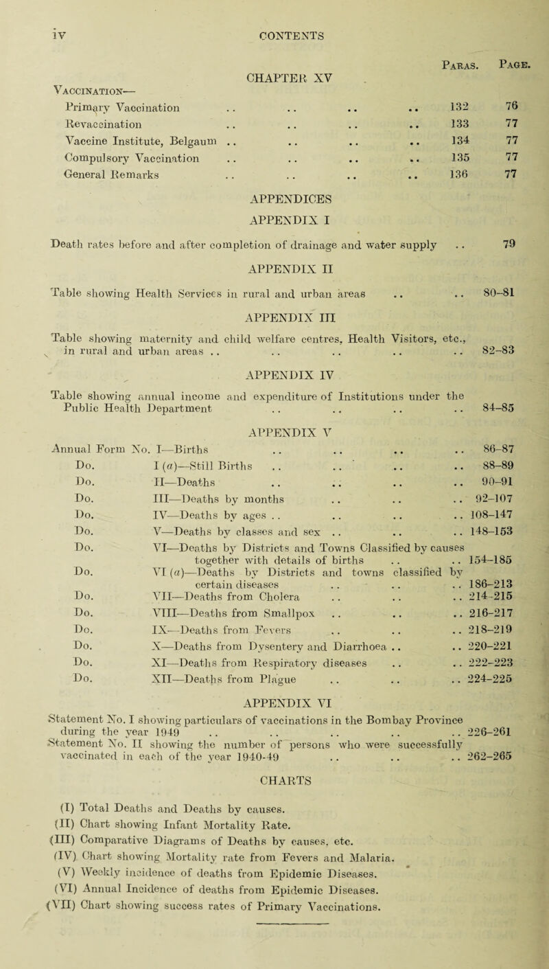 Paras. Page. CHAPTER XV Vaccination— Primary Vaccination 132 76 Revaccination 133 77 Vaccine Institute, Belgaum .. 134 77 Compulsory Vaccination 135 77 General Remarks 136 77 APPENDICES APPENDIX I Death rates before and after completion of drainage and water supply .. 79 APPENDIX II Table showing Health Services in rural and urban areas .. .. 80-81 APPENDIX III Table showing maternity and child welfare centres. Health Visitors, etc., in rural and urban areas .. 82-83 APPENDIX IV Table showing annual income and expenditure of Institutions under the Public Health Department 84-85 APPENDIX V Annual Form No. I—Births 86-87 Do. I (a)—Still Births .. 88-89 Do. II—Deaths .. 90-91 Do. III—Deaths by months .. 92-107 Do. IV—Deaths by ages .. 108-147 Do. V—Deaths by classes and sex .. .. 148-153 Do. VI—Deaths by Districts and Towns Classified bv causes together with details of births .. 154-185 Do. VI (a)-—Deaths by Districts and towns classified bv certain diseases .. 186-213 Do. VII—Deaths from Cholera .. 214-215 Do. VTII—Deaths from Smallpox .. 216-217 Do. IX—Deaths from Fevers .. 218-219 Do. X—Deaths from Dysentery and Diarrhoea .. .. 220-221 Do. XI—Deaths from Respiratory diseases .. 222-223 Do. XII—Deaths from Plague .. 224-225 APPENDIX VI Statement No. I showing particulars of vaccinations in the Bombay Province during the year 1049 .. .. .. .. .. 226-261 Statement No. II showing the number of persons who were successfully vaccinated in each of the year 1940-49 .. .. .. 262-265 CHARTS (I) Total Deaths and Deaths by causes. (II) Chart showing Infant Mortality Rate. (HI) Comparative Diagrams of Deaths by causes, etc. (TV) Chart showing Mortality rate from Fevers and Malaria. (V) Weekly incidence of deaths from Epidemic Diseases. (VI) Annual Incidence of deaths from Epidemic Diseases. (\ II) Chart showing success rates of Primary Vaccinations.