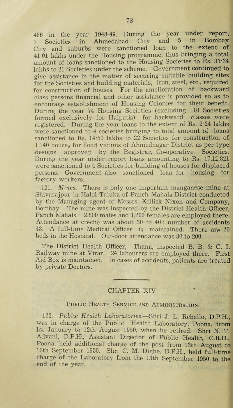 486 in the year 1948-49. During the year under report, 7 Societies in Ahmedabad City and 5 in Bombay >City and suburbs were sanctioned loan to the extent of 41‘01 lakhs under the Housing programme, thus bringing a total amount of loans sanctioned to the Housing Societies to Rs. 83‘31 lakhs to 21 Societies under the scheme. Government continued to give assistance in the matter of securing suitable building sites for the Societies and building materials, iron, steel, etc., required for construction of houses. For the amelioration of backward class persons financial and other assistance is provided so as to encourage establishment of Housing Colonies for their benefit. During the year 74 Housing Societies (excluding 10 Societies formed exclusively for Halpatis) for backward classes were registered. During the year loans to the extent of Rs. 2*24 lakhs were sanctioned to 4 societies bringing to total amount of loans sanctioned to Rs. 14-50 lakhs to 22 Societies for construction of 1.140 houses for fiood victims of Ahmednagar District as per type designs approved by the Registrar, Co-operative Societies. During the year under report loans amounting to Rs. 17,12,821 were sanctioned to 4 Societies for building of houses for displaced persons. Government also sanctioned loan for housing for factory workers. 121. Mines.—There is ^only one important manganese mine at Shivarajpur in Halol Taluka of Panch Mahals District conducted by the Managing agent of Messrs. Killick Nixon and Company, Bombay. The mine was inspected by the District Health Officer, Panch Mahals. 2,800 males and 1,200 females are employed there. Attendance at creche was about 30 to 40; number of accidents 48. A full-time Medical Officer is maintained. There are 20 beds in the Hospital. Out-door attendance was 80 to 200. The District Health Officer, Thana, inspected B. B. & C. I. Railway mine at Virar. 24 labourers are employed there. First Aid Box is maintained. In cases of accidents, patients are treated by private Doctors. CHAPTER XIV Public Health Service and Administration. 122. Public Health Laboratories.—Shri J. L. Rebello, D.P.H., was in charge of the Public Health Laboratory, Poona, from 1st January to 12th August 1950, when he retired. Shri N. T. Advani, D.P.H., Assistant Dirtector of Public Health|, C.R.D., Poona, held additional charge of the post from 13th August to 12th September 1950. Shri C. M. Dighe, D.P.H., held full-time charge of the Laboratory from the 13th September 1950 to the -end of the year.