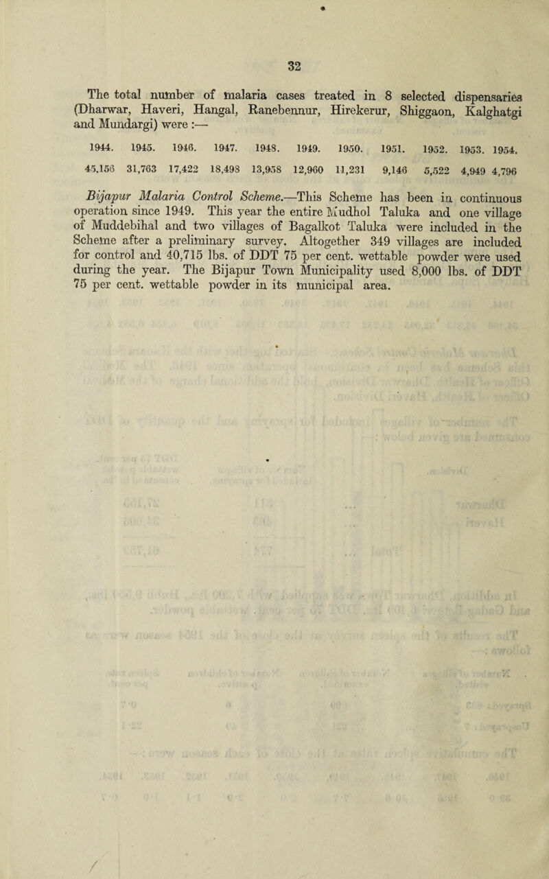 The total number of malaria cases treated in 8 selected dispensaries (Dharwar, Haveri, Hangal, Ranebenrnir, Hirekerur, Shiggaon, Kalghatgi and Mundargi) were :— 1944. 1945. 1946. 1947. 1948. 1949. 1950. 1951. 1952. 1953. 1954. 45.156 31,763 17,422 18,498 13,958 12,960 11,231 9,146 5,522 4,949 4,796 Bijapur Malaria Control Scheme.—This Scheme has been in continuous operation since 1949. This year the entire Mudhol Taluka and one village of Muddebihal and two villages of Bagalkot Taluka were included in the Scheme after a preliminary survey. Altogether 349 villages are included for control and 40,715 lbs. of DDT 75 per cent, wettable powder were used during the year. The Bijapur Town Municipality used 8,000 lbs. of DDT 75 per cent, wettable powder in its municipal area.