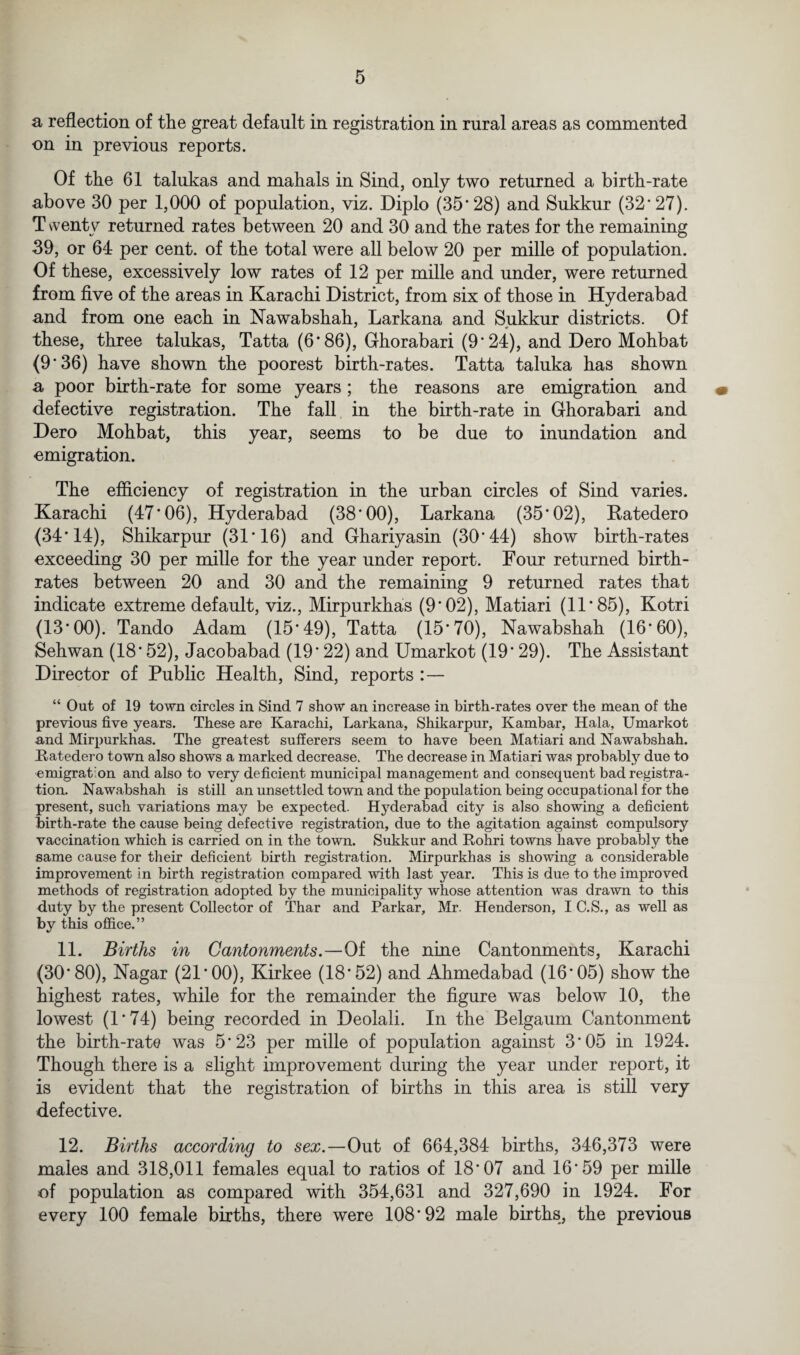 a reflection of the great default in registration in rural areas as commented on in previous reports. Of the 61 talukas and mahals in Sind, only two returned a birth-rate above 30 per 1,000 of population, viz. Diplo (35'28) and Sukkur (32* 27). T wenty returned rates between 20 and 30 and the rates for the remaining 39, or 64 per cent, of the total were all below 20 per mille of population. Of these, excessively low rates of 12 per mille and under, were returned from five of the areas in Karachi District, from six of those in Hyderabad and from one each in Nawabshah, Larkana and Sukkur districts. Of these, three talukas, Tatta (6*86), Ghorabari (9'24), and Dero Mohbat (9’36) have shown the poorest birth-rates. Tatta taluka has shown a poor birth-rate for some years; the reasons are emigration and defective registration. The fall in the birth-rate in Ghorabari and Dero Mohbat, this year, seems to be due to inundation and emigration. The efficiency of registration in the urban circles of Sind varies. Karachi (47*06), Hyderabad (38'00), Larkana (35'02), Katedero (34*14), Shikarpur (31*16) and Ghariyasin (30*44) show birth-rates exceeding 30 per mille for the year under report. Four returned birth¬ rates between 20 and 30 and the remaining 9 returned rates that indicate extreme default, viz., Mirpurkhas (9*02), Matiari (11*85), Kotri (13*00). Tando Adam (15*49), Tatta (15*70), Nawabshah (16*60), Sehwan (18*52), Jacobabad (19*22) and Umarkot (19* 29). The Assistant Director of Public Health, Sind, reports :— “ Out of 19 town circles in Sind 7 show an increase in birth-rates over the mean of the previous five years. These are Karachi, Larkana, Shikarpur, Kambar, Hala, Umarkot and Mirpurkhas. The greatest sufferers seem to have been Matiari and Nawabshah. Katedero town also shows a marked decrease. The decrease in Matiari was probably due to emigrat on and also to very deficient municipal management and consequent bad registra¬ tion. Nawabshah is still an unsettled town and the population being occupational for the present, such variations may be expected. Hyderabad city is also showing a deficient birth-rate the cause being defective registration, due to the agitation against compulsory vaccination which is carried on in the town. Sukkur and Kohri towns have probably the same cause for their deficient birth registration. Mirpurkhas is showing a considerable improvement in birth registration compared with last year. This is due to the improved methods of registration adopted by the municipality whose attention was drawn to this duty by the present Collector of Thar and Parkar, Mr. Henderson, I C.S., as well as by this office.” 11. Births in Cantonments.—Of the nine Cantonments, Karachi (30*80), Nagar (21*00), Kirkee (18*52) and Ahmedabad (16*05) show the highest rates, while for the remainder the figure was below 10, the lowest (1*74) being recorded in Deolali. In the Belgaum Cantonment the birth-rate was 5*23 per mille of population against 3*05 in 1924. Though there is a slight improvement during the year under report, it is evident that the registration of births in this area is still very defective. 12. Births according to sex.—Out of 664,384 births, 346,373 were males and 318,011 females equal to ratios of 18*07 and 16*59 per mille of population as compared with 354,631 and 327,690 in 1924. For every 100 female births, there were 108*92 male births, the previous