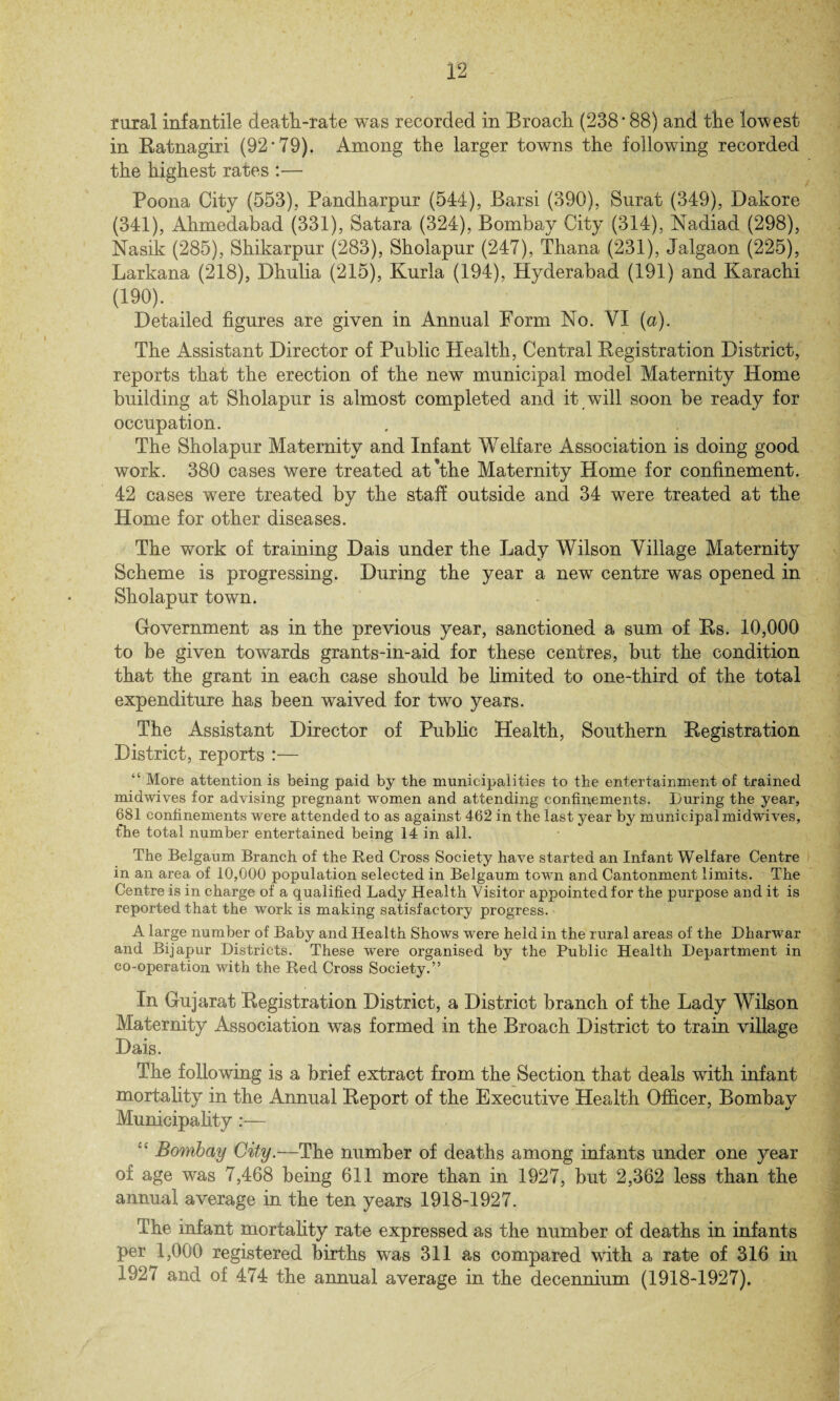 rural infantile death-rate was recorded in Broach (238 * 88) and the lowest in Ratnagiri (92*79). Among the larger towns the following recorded the highest rates :— Poona City (553), Pandharpur (544), Barsi (390), Surat (349), Dakore (341), Ahmedabad (331), Satara (324), Bombay City (314), Nadiad (298), Nasik (285), Shikarpur (283), Sholapur (247), Thana (231), Jalgaon (225), Larkana (218), Dhulia (215), Kurla (194), Hyderabad (191) and Karachi (190). Detailed figures are given in Annual Form No. VI (a). The Assistant Director of Public Health, Central Registration District, reports that the erection of the new municipal model Maternity Home building at Sholapur is almost completed and it will soon be ready for occupation. The Sholapur Maternity and Infant W elf are Association is doing good work. 380 cases Were treated at’the Maternity Home for confinement. 42 cases were treated by the staff outside and 34 were treated at the Home for other diseases. The work of training Dais under the Lady Wilson Village Maternity Scheme is progressing. During the year a new centre was opened in Sholapur town. Government as in the previous year, sanctioned a sum of Rs. 10,000 to be given towards grants-in-aid for these centres, but the condition that the grant in each case should be limited to one-third of the total expenditure has been waived for two years. The Assistant Director of Public Health, Southern Registration District, reports :— “ More attention is being paid by the municipalities to the entertainment of trained midwives for advising pregnant women and attending confinements. During the year, 681 confinements were attended to as against 462 in the last year by municipal midwives, the total number entertained being 14 in all. The Belgaum Branch of the Bed Cross Society have started an Infant Welfare Centre in an area of 10,000 population selected in Belgaum town and Cantonment limits. The Centre is in charge of a qualified Lady Health Visitor appointed for the purpose and it is reported that the work is making satisfactory progress. A large number of Baby and Health Shows were held in the rural areas of the Dharwar and Bijapur Districts. These were organised by the Public Health Department in co-operation with the Red Cross Society.” In Gujarat Registration District, a District branch of the Lady Wilson Maternity Association was formed in the Broach District to train village Dais. The following is a brief extract from the Section that deals with infant mortality in the Annual Report of the Executive Health Officer, Bombay Municipality:— “ Bombay City.—The number of deaths among infants under one year of age was 7,468 being 611 more than in 1927, but 2,362 less than the annual average in the ten years 1918-1927. The infant mortality rate expressed as the number of deaths in infants per 1,000 registered births was 311 as compared with a rate of 316 in 1927 and of 474 the annual average in the decennium (1918-1927).