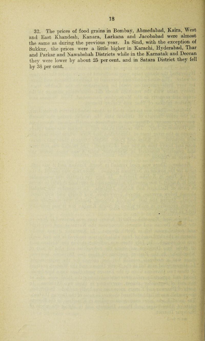 32. The prices of food grains in Bombay, Ahmedabad, Kaira, West and East Khandesh, Kanara, Larkana and Jacobabad were almost the same as during the previous year. In Sind, with the exception of Sukkur, the prices were a little higher in Karachi, Hyderabad, Thar and Parkar and Nawabshah Districts while in the Karnatak and Deccan they were lower by about 25 per cent, and in Satara District they fell by 38 per cent.