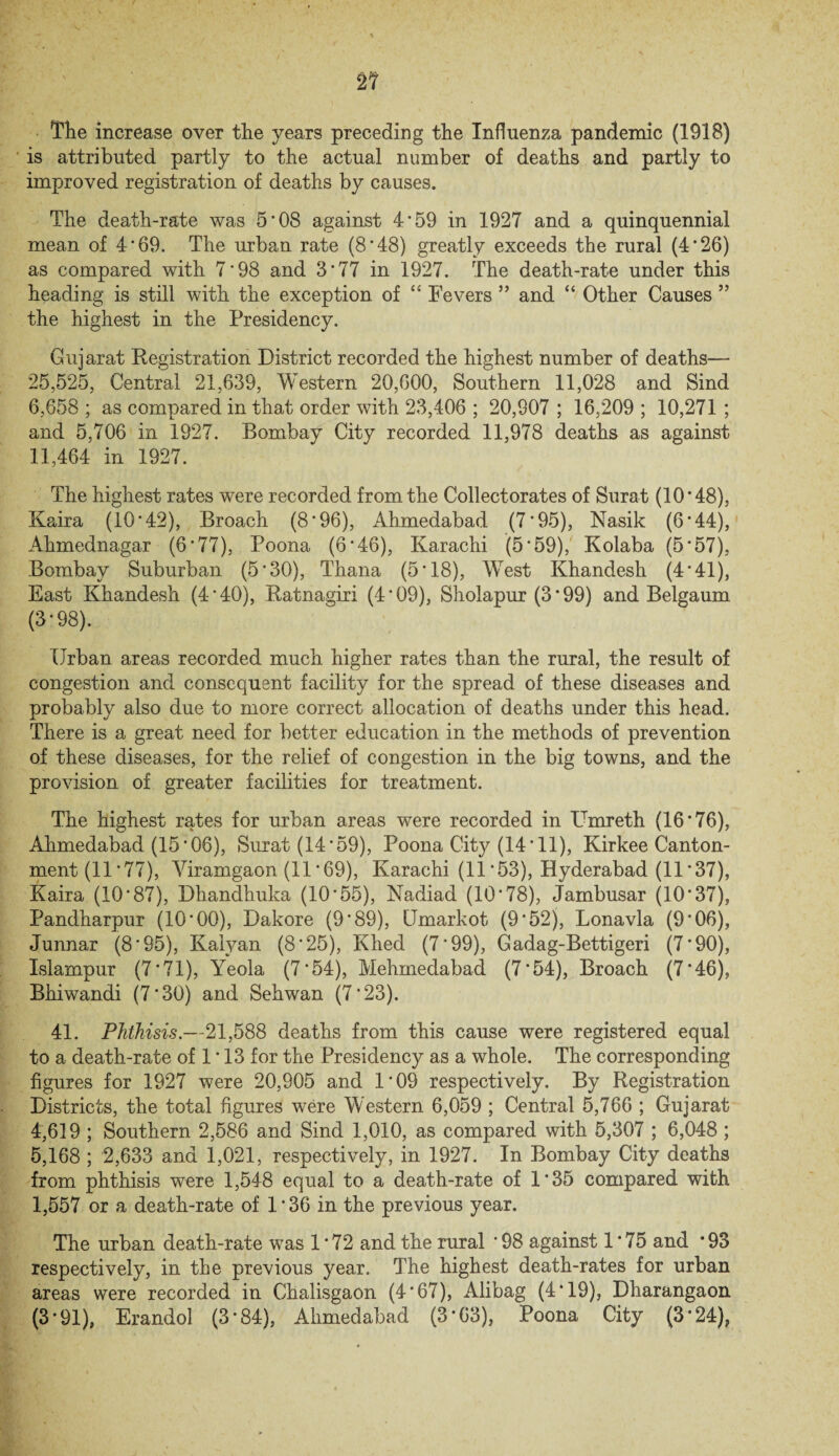 ■ The increase over the years preceding the Influenza pandemic (1918) is attributed partly to the actual number of deaths and partly to improved registration of deaths by causes. The death-rate was 5‘08 against 4’59 in 1927 and a quinquennial mean of 4*69. The urban rate (8'48) greatly exceeds the rural (4*26) as compared with 7'98 and 3'77 in 1927. The death-rate under this heading is still with the exception of “ Fevers ” and “ Other Causes ” the highest in the Presidency. Gujarat Registration District recorded the highest number of deaths— 25,525, Central 21,639, Western 20,600, Southern 11,028 and Sind 6,658 ; as compared in that order with 23,406 ; 20,907 ; 16,209 ; 10,271 ; and 5,706 in 1927. Bombay City recorded 11,978 deaths as against 11,464 in 1927. The highest rates were recorded from the Collectorates of Surat (10'48), Kaira (10'42), Broach (8'96), Ahmedabad (7'95), Nasik (6'44), Ahmednagar (6'77), Poona (6*46), Karachi (5 * 59), Kolaba (5'57), Bombay Suburban (5'30), Thana (5*18), West Khandesh (4*41), East Khandesh (4'40), Ratnagiri (4'09), Sholapur (3'99) and Belgaum (3*98). Urban areas recorded much higher rates than the rural, the result of congestion and consequent facility for the spread of these diseases and probably also due to more correct allocation of deaths under this head. There is a great need for better education in the methods of prevention of these diseases, for the relief of congestion in the big towns, and the provision of greater facilities for treatment. The highest rates for urban areas were recorded in Fhnreth (16*76), Ahmedabad (15'06), Surat (14'59), Poona City (14'll), Kirkee Canton¬ ment (11'77), Viramgaon (11'69), Karachi (11'53), Hyderabad (11'37), Pandharpur (10'00), Dakore (9'89), Umarkot (9*52), Lonavla (9'06), Junnar (8 * 95), Kalyan (8*25), Khed (7'99), Gadag-Bettigeri (7'90), Islampur (7'71), Yeola (7*54), Mehmedabad (7'54), Broach (7*46), Bhiwandi (7 * 30) and Sehwan (7*23). 41. Phthisis.—21,588 deaths from this cause were registered equal to a death-rate of 1'13 for the Presidency as a whole. The corresponding •figures for 1927 were 20,905 and 1*09 respectively. By Registration Districts, the total figures were Western 6,059 ; Central 5,766 ; Gujarat 4,619 ; Southern 2,586 and Sind 1,010, as compared with 5,307 ; 6,048 ; 5,168 ; 2,633 and 1,021, respectively, in 1927. In Bombay City deaths from phthisis were 1,548 equal to a death-rate of 1'35 compared with 1,557 or a death-rate of 1*36 in the previous year. The urban death-rate was 1*72 and the rural ' 98 against 1'75 and * 93 respectively, in the previous year. The highest death-rates for urban areas were recorded in Chalisgaon (4*67), Alibag (4*19), Dharangaon (3*91), Erandol (3*84), Ahmedabad (3*63), Poona City (3*24),
