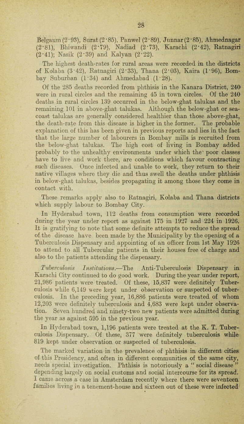 Belgaum (2'93), Surat (2’85), Panwel (2'89), Junnar (2'85), Ahmednagat (2 *81), Bhiwandi (2'79), Nadiad (2’73), Karachi (2'42), Ratnagiri (2'41); Nasik (2'39) and Kalyan (2'22). The highest death-rates for rural areas were recorded in the districts of Kolaba (3'42), Ratnagiri (2*33), Thana (2'03), Kaira (1‘96), Bom¬ bay Suburban (1'34) and Ahmedabad (l* 28). Of the 285 deaths recorded from phthisis in the Kanara District, 240 were in rural circles and the remaining 45 in town circles. Of the 240 deaths in rural circles 139 occurred in the below-ghat talukas and the remaining 101 in above-ghat talukas. Although the below-ghat or sea- coast talukas are generally considered healthier than those above-ghat, the death-rate from this disease is higher in the former. The probable explanation of this has been given in previous reports and lies in the fact that the large number of labourers in Bombay mills is recruited from the below-ghat talukas. The high cost of living in Bombay added probably to the unhealthy environments under which the poor classes have to live and work there, are conditions which favour contracting such diseases. Once infected and unable to work, they return to their native villages where they die and thus swell the deaths under phthisis in below-ghat talukas, besides propagating it among those they come in contact with. These remarks apply also to Ratnagiri, Kolaba and Thana districts which supply labour to Bombay City. In Hyderabad towm, 112 deaths from consumption were recorded during the year under report as against 175 in 1927 and 224 in 1926. It is gratifying to note that some definite attempts to reduce the spread of the disease have been made by the Municipality by the opening of a Tuberculosis Dispensary and appointing of an officer from 1st May 1926 to attend to all Tubercular patients in their houses free of charge and also to the patients attending the dispensary. Tuberculosis Institutions.—The Anti-Tuberculosis Dispensary in Karachi City continued to do good work. During the year under report, 21,986 patients were treated. Of these, 15,837 were definitely Tuber¬ culosis while 6,149 were kept under observation or suspected of tuber¬ culosis. In the preceding year, 16,886 patients were treated of whom 12,203 were definitely tuberculosis and 4,683 were kept under observa¬ tion. Seven hundred and ninety-two new patients were admitted during the year as against 595 in the previous year. In Hyderabad town, 1,196 patients were treated at the K. T. Tuber- culosis Dispensary. Of these, 377 were definitely tuberculosis while 819 kept under observation or suspected of tuberculosis. The marked variation in the prevalence of phthisis in different cities of this Presidency, and often in different communities of the same city, needs special investigation. Phthisis is notoriously a “ social disease ” depending largely on social customs and social intercourse for its spread. I came across a case in Amsterdam recently where there were seventeen families living in a tenement-house and sixteen out of these were infected