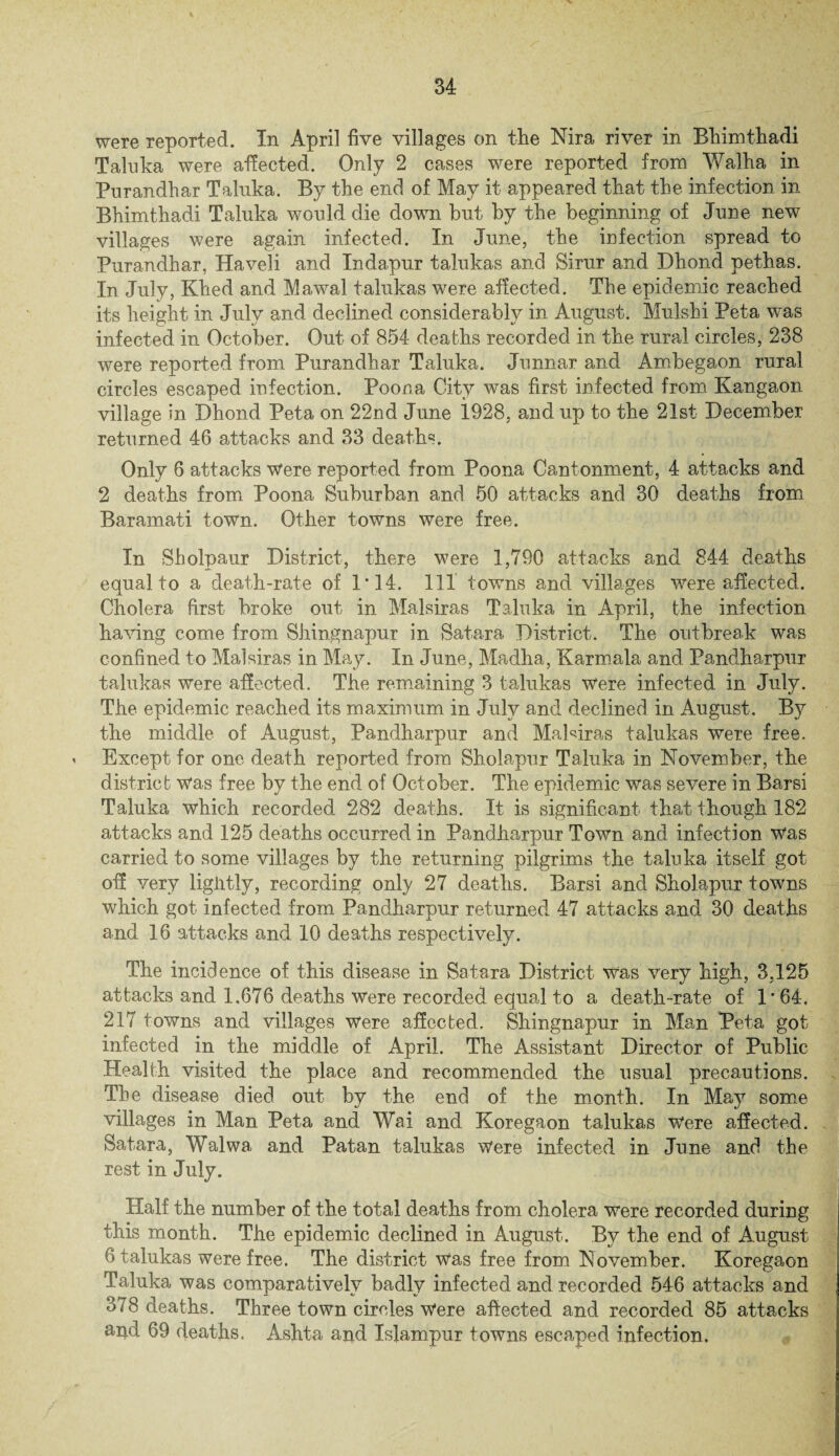 were reported. In April five villages on the Nira river in Bhimthadi Talnka were affected. Only 2 cases were reported from Walha in Purandhar Talnka. By the end of May it appeared that the infection in Bhimthadi Taluka would die down bnt by the beginning of June new villages were again infected. In June, the infection spread to Purandhar, Haveli and Indapur talukas and Sirur and Dhond pethas. In July, Khed and Mawal talukas were affected. The epidemic reached its height in July and declined considerably in August. Mulshi Beta was infected in October. Out of 854 deaths recorded in the rural circles, 238 were reported from Purandhar Taluka. Junnar and Ambegaon rural circles escaped infection. Poona City was first infected from Kangaon village in Dhond Peta on 22nd June 1928, and up to the 21st December- returned 46 attacks and 33 deaths. Only 6 attacks Were reported from Poona Cantonment, 4 attacks and 2 deaths from Poona Suburban and 50 attacks and 30 deaths from Baramati town. Other towns were free. In Sholpaur District, there were 1,790 attacks and 844 deaths equal to a death-rate of 1*14. Ill towns and villages were affected. Cholera first broke out in Malsiras Taluka in April, the infection having come from Shingnapur in Satara District. The outbreak was confined to Malsiras in May. In June, Madha, K arm ala and Pandharpur talukas were affected. The remaining 3 talukas were infected in July. The epidemic reached its maximum in July and declined in August. By the middle of August, Pandharpur and Malsiras talukas were free. Except for one death reported from Sholapur Taluka in November, the district Was free by the end of October. The epidemic was severe in Bars! Taluka which recorded 282 deaths. It is significant that though 182 attacks and 125 deaths occurred in Pandharpur Town and infection Was carried to some villages by the returning pilgrims the talnka itself got off very lightly, recording only 27 deaths. Barsi and Sholapur towns which got infected from Pandharpur returned 47 attacks and 30 deaths and 16 attacks and 10 deaths respectively. The incidence of this disease in Satara District was very high, 3,125 attacks and 1.676 deaths were recorded equal to a death-rate of 1/ 64, 217 towns and villages were affected. Shingnapur in Man Peta got infected in the middle of April. The Assistant Director of Public Health visited the place and recommended the usual precautions. The disease died out by the end of the month. In May some villages in Man Peta and Wai and Koregaon talukas Were affected. Satara, Walwa and Patan talukas Were infected in June and the rest in July. Half the number of the total deaths from cholera were recorded during this month. The epidemic declined in August. By the end of August 6 talukas were free. The district was free from November. Koregaon Taluka was comparatively badly infected and recorded 546 attacks and 378 deaths. Three town circles Were affected and recorded 85 attacks and 69 deaths. Ashta and Islampur towns escaped infection.