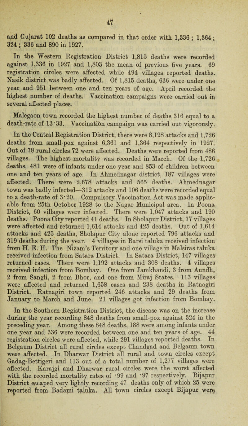 and Gujarat 102 deaths as compared in that order with 1,336; 1.364; 324 ; 336 and 890 in 1927. In the Western Registration District 1,815 deaths were recorded against 1,336 in 1927 and 1,803 the mean of previous five years. 69 registration circles were affected while 494 villages reported deaths. Nasik district was badly affected. Of 1,815 deaths, 636 were under one year and 951 between one and ten years of age. April recorded the highest number of deaths. Vaccination campaigns were carried out in several affected places. Malegaon town recorded the highest number of deaths 316 equal to a death-rate of 13*33. Vaccination campaign was carried out vigorously. In the Central Registration District, there were 8,198 attacks and 1,726 deaths from small-pox against 6,361 and 1,364 respectively in 1927. Out of 78 rural circles 72 were affected. Deaths were reported from 486 villages. The highest mortality was recorded in March. Of the 1,726 deaths, 481 were of infants under one year and 853 of children between one and ten years of age. In Ahmednagar district, 187 villages were affected. There were 2,678 attacks and 565 deaths. Ahmednagar town was badly infected—312 attacks and 106 deaths were recorded equal to a death-rate of 3*20. Compulsory Vaccination Act was made applic¬ able from 25th October 1928 to the Nagar Municipal area. In Poona District, 60 villages were infected. There were 1,047 attacks and 190 deaths. Poona City reported 41 deaths. In Sholapur District, 77 villages were affected and returned 1,614 attacks and 425 deaths. Out of 1,614 attacks and 425 deaths, Sholapur City alone reported 796 attacks and 319 deaths during the year. 4 villages in Barsi taluka received infection from H. E. H. The Nizam’s Territory and one village in Malsiras taluka received infection from Satara District. In Satara District, 147 villages returned cases. There were 1,192 attacks and 308 deaths. 4 villages received infection from Bombay. One from Jamkhandi, 3 from Aundh, 2 from Sangli, 2 from Bhor, and one from Miraj States. 113 villages were affected and returned 1,658 cases and 238 deaths in Ratnagiri District. Ratnagiri town reported 246 attacks and 29 deaths from January to March and June. 21 villages got infection from Bombay. In the Southern Registration District, the disease was on the increase during the year recording 848 deaths from small-pox against 324 in the preceding year. Among these 848 deaths, 188 were among infants under one year and 336 were recorded between one and ten years of age. 44 registration circles were affected, while 291 villages reported deaths. In Belgaum District all rural circles except Chandgad and Belgaum town were affected. In Dharwar District all rural and town circles except Gadag-Bettigeri and 113 out of a total number of 1,277 villages were affected. Karajgi and Dharwar rural circles were the worst affected with the recorded mortality rates of *99 and *97 respectively. Bijapur District escaped very lightly recording 47 deaths only of which 25 were reported from Badami taluka. All town circles except Bijapur we;q