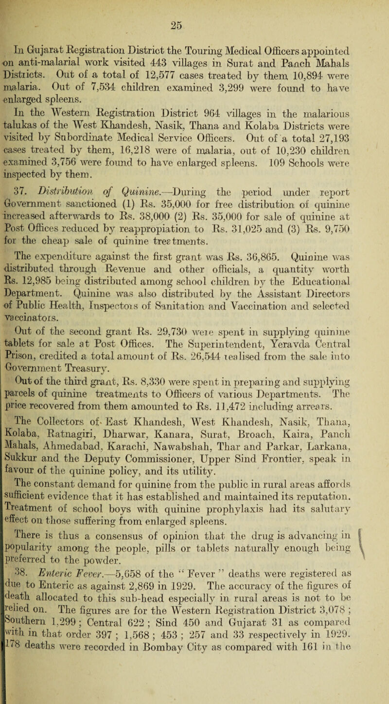 In Gujarat Registration District the Touring Medical Officers appointed on anti-malarial work visited 443 villages in Surat and Panch Mahals Distiicts. Out of a total of 12,577 cases treated by them 10,894 were malaria. Out of 7,534 children examined 3,299 were found to have enlarged spleens. In the Western Registration District 964 villages in the malarious talukas of the West Khandesh, Nasik, Thana and Kolaba Districts were visited by Subordinate Medical Service Officers. Out of a total 27,193 cases treated by them, 16,218 were of malaria, out of 10,230 children examined 3,756 were found to have enlarged spleens. 109 Schools were inspected by them. 37. Distribution of Quinine.—During the period under report Government sanctioned (1) Rs. 35,000 for free distribution of quinine increased afterwards to Rs. 38,000 (2) Rs. 35,000 for sale of quinine at Post Offices reduced by reappropiation to Rs. 31,025 and (3) Rs. 9,750 for the cheap sale of quinine treatments. The expenditure against the first grant was Rs. 36,865. Quinine was distributed through Revenue and other officials, a quantity worth Rs. 12,985 being distributed among school children by the Educational Department. Quinine was also distributed by the Assistant Directors of Public Health, Inspectors of Sanitation and Vaccination and selected vaccinators. Out of the second grant Rs. 29,730 were spent in supplying quinine tablets for sale at Post Offices. The Superintendent, Yeravda Central Prison, credited a total amount of Rs. 26,544 realised from the sale into ! Government Treasurv. «/ Out of the third grant, Rs. 8,330 were spent in preparing and supplying i parcels of quinine treatments to Officers of various Departments. The j price recovered from them amounted to Rs. 11,472 including arrears. The Collectors of* East Khandesh, West Khandesh, Nasik, Thana, Kolaba, Ratnagiri, Dharwar, Kanara, Surat, Broach, Kaira, Panch Mahals, Ahmedabad, Karachi, Nawabsliah, Thar and Parkar, Larkana, Sukkur and the Deputy Commissioner, Upper Sind Frontier, speak in j favour of the quinine policy, and its utility. The constant demand for quinine from the public in rural areas affords | sufficient evidence that it has established and maintained its reputation. I Treatment of school boys with quinine prophylaxis had its salutary I effect on those suffering from enlarged spleens. There is thus a consensus of opinion that the drug is advancing in ■popularity among the people, pills or tablets naturally enough being I preferred to the powder. i 38. Enteric Fever.—5,658 of the “ Fever ” deaths were registered as ■due to Enteric as against 2,869 in 1929. The accuracy of the figures of j death allocated to this sub-head especially in rural areas is not to be I relied on. The figures are for the Western Registration District 3,078 ; I Southern 1.299 ; Central 622 ; Sind 450 and Gujarat 31 as compared ■with in that order 397 ; 1,568 ; 453 ; 257 and 33 respectively in 1929. 1178 deaths were recorded in Bombay City as compared with 161 in the