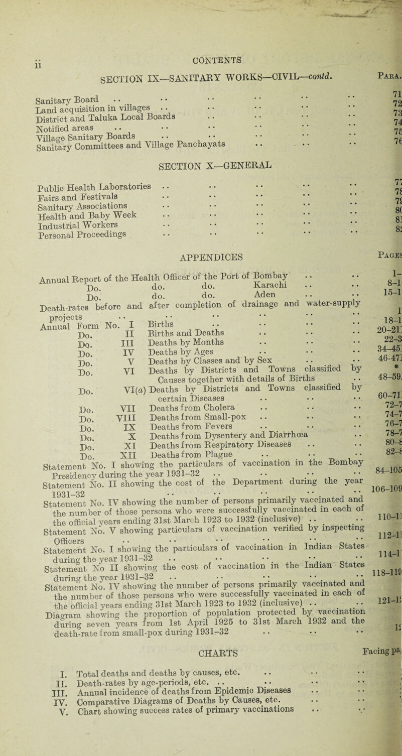CONTENTS SECTION IX—-SANITARY WORKS—CIVIL—canid. Sanitary Board Land acquisition in villages District and Taluka Local Boards Notified areas Village Sanitary Boards Sanitary Committees and Village Panchayats SECTION X—GENERAL Public Health Laboratories Fairs and Festivals Sanitary Associations Health and Baby Week Industrial Workers Personal Proceedings Para. 71 72 73 7 4 7t 7 i 71 7* 7( 8( 8: 8‘ APPENDICES Pages Annual Report of the Health Officer of the Port of Bombay J ~ A ^ Karanni No, Do Do. Death-rates before projects Annual Form Do. Do. Do. Do. Do. and do. do. do. do. after completion of Karachi Aden drainage and water-supply I II III IV V VI by Do. Do. Do. Do. Do. Do. Do. Statement No VII VIII IX X XI XII 1- 8-1 15-1 Births Births and Deaths Deaths by Months Deaths by Ages Deaths by Classes and by Sex Deaths by Districts and Towns classified Causes together with details of Births VI(a) Deaths by Districts and Towns classified by certain Diseases Deaths from Cholera Deaths from Small-pox Deaths from Fevers Deaths from Dysentery and Diarrhoea Deaths from Respiratory Diseases ah Deaths from Plague showing the particulars of vaccination in the Bombay Presidency during the year 1931-32 .. • • • • Statement No. II showing the cost of the Department during the year 1931—32 • • • • •• • • Statement No. IV showing the number of persons primarily vaccinated and the number of those nersons who were successfully vaccinated in each of the official years ending 31st March 1923 to 1932 (inclusive) .. Statement No. V showing particulars of vaccination verified by inspecting Officers •• •• ** . *j. c, ,' * Statement No. I showing the particulars of vaccination m Indian States during the year 1931—32 .. • • • • * * ~ ’ Statement No II showing the cost of vaccination in the Indian States during the year 1931-32 .. •• •; ** . . ’j Statement No. IV showing the number of persons primarily vaccinated and the number of those persons who were successfully vaccinated in each of the official years ending 31st March 1923 to 1932 (inclusive) .. Diagram showing the proportion of population protected by vaccination during seven years from 1st April 1925 to 31st March 1932 and the death-rate from small-pox during 1931-32 1 18-1 20-21: 22-3 34-J| 46-47; • 48-59; 60-71 72-7 74-7 76-7 78-7 80-8 82-8 84-105 106-109 110-L 112-1' 114-1 118-119 121-11 CHARTS Facing pa, I. Total deaths and deaths by causes, etc. II. Death-rates by age-periods, etc. ... HI. Annual incidence of deaths from Epidemic Diseases IV. Comparative Diagrams of Deaths by Causes,, etc.. V. Chart showing success rates of primary vaccinations
