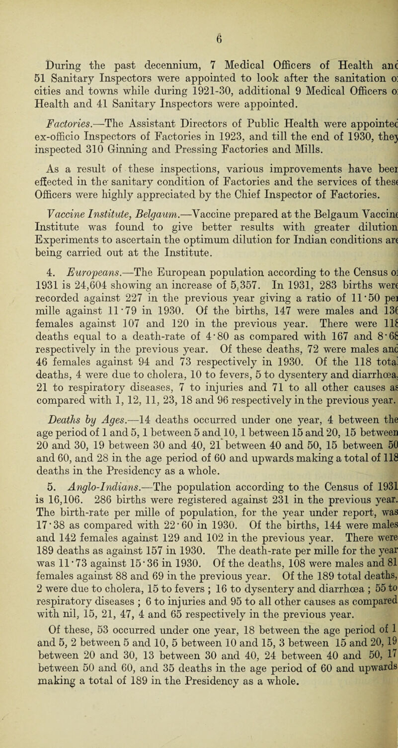 During the past decennium, 7 Medical Officers of Health anc 51 Sanitary Inspectors were appointed to look after the sanitation o: cities and towns while during 1921-30, additional 9 Medical Officers o Health and 41 Sanitary Inspectors were appointed. Factories.—The Assistant Directors of Public Health were appointee ex-officio Inspectors of Factories in 1923, and till the end of 1930, the} inspected 310 Ginning and Pressing Factories and Mills. As a result of these inspections, various improvements have beer effected in the sanitary condition of Factories and the services of thes< Officers were highly appreciated by the Chief Inspector of Factories. Vaccine Institute, Belgaum.—Vaccine prepared at the Belgaum Vaccine Institute was found to give better results with greater dilution Experiments to ascertain the optimum dilution for Indian conditions are being carried out at the Institute. 4. Europeans.—The European population according to the Census o: 1931 is 24,604 showing an increase of 5.357. In 1931, 283 births were recorded against 227 in the previous year giving a ratio of 11‘50 pei mille against 11*79 in 1930. Of the births, 147 were males and 13( females against 107 and 120 in the previous year. There were IP deaths equal to a death-rate of 4*80 as compared with 167 and 8*6£ respectively in the previous year. Of these deaths, 72 were males anc 46 females against 94 and 73 respectively in 1930. Of the 118 tota' deaths, 4 were due to cholera, 10 to fevers, 5 to dysentery and diarrhoea, 21 to respiratory diseases, 7 to injuries and 71 to all other causes as compared with 1, 12, 11, 23, 18 and 96 respectively in the previous year. Deaths by Ages.—14 deaths occurred under one year, 4 between the age period of 1 and 5,1 between 5 and 10,1 between 15 and 20, 15 between 20 and 30, 19 between 30 and 40, 21 between 40 and 50, 15 between 50 and 60, and 28 in the age period of 60 and upwards making a total of 118 deaths in the Presidency as a whole. 5. Anglo-Indians.—The population according to the Census of 1931 is 16,106. 286 births were registered against 231 in the previous year. The birth-rate per mille of population, for the year under report, was 17*38 as compared with 22*60 in 1930. Of the births, 144 were males and 142 females against 129 and 102 in the previous year. There were 189 deaths as against 157 in 1930. The death-rate per mille for the year was 11*73 against 15*36 in 1930. Of the deaths, 108 were males and 81 females against 88 and 69 in the previous year. Of the 189 total deaths, 2 were due to cholera, 15 to fevers ; 16 to dysentery and diarrhoea ; 55 to respiratory diseases ; 6 to injuries and 95 to all other causes as compared with nil, 15, 21, 47, 4 and 65 respectively in the previous year. Of these, 53 occurred under one year, 18 between the age period of 1 and 5, 2 between 5 and 10, 5 between 10 and 15, 3 between 15 and 20, 19 between 20 and 30, 13 between 30 and 40, 24 between 40 and 50, 17 between 50 and 60, and 35 deaths in the age period of 60 and upwards making a total of 189 in the Presidency as a whole.
