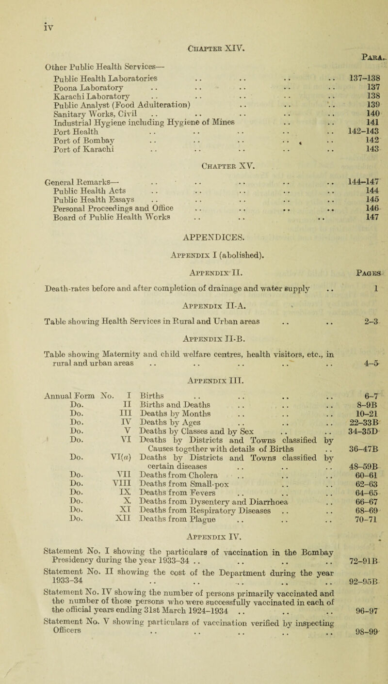 Chapter XIV. Other Public Health Services— Public Health Laboratories Poona Laboratory Karachi Laboratory Public Analyst (Food Adulteration) Sanitary Works, Civil Industrial Hygiene including Hygiene of Mines Port Health Port of Bombay Port of Karachi Chapter XV. General Remarks—• Public Health Acts Public Health Essays Personal Proceedings and Office Board of Public Health Works APPENDICES. Appendix I (abolished). Appendix II. Death-rates before and after completion of drainage and water supply Appendix II-A. Table showing Health Services in Rural and Urban areas Appendix II-B. Table showing Maternity and child welfare centres, health visitors, etc., in rural and urban areas Appendix III. Annual Form No. I Births # # Do. II Births and Deaths • • Do. III Deaths by Months • • Do. IV Deaths by Ages • • Do. V Deaths by Classes and by Sex Do. VI Deaths by Districts and Towns classified Causes together with details of Births by Do. VI (a) Deaths by Districts and Towns classified certain diseases by Do. VII Deaths from Cholera Do. VIII Deaths from Small-pox Do. IX Deaths from Fevers .. Do. X Deaths from Dysentery and Diarrhoea # # Do. XI Deaths from Respiratory Diseases , , Do. XII Deaths from Plague • • Appendix IV. Statement No. I showing the particulars of vaccination in the Bombay Presidency during the year 1933-34 Statement No. II showing the cost of the Department during the year 1933—34 .. • • -•• •• •• Statement No. IV showing the number of persons primarily vaccinated and the number of those persons who were successfully vaccinated in each of the official years ending 31st March 1924-1934 .. Statement No. V showing particulars of vaccination verified by inspecting Officers Para, 137-138 137 138 139 140 141 142-143 142 143 144-147 144 145 146 147 Pages 1 2-3 4-5 6-7 8-9B 10-21 22-33B 34-35D 36-47B 48-59B 60-61 62-63 64-65 66-67 68-69 70-71 72-91B 92-95B 96-97 98-99