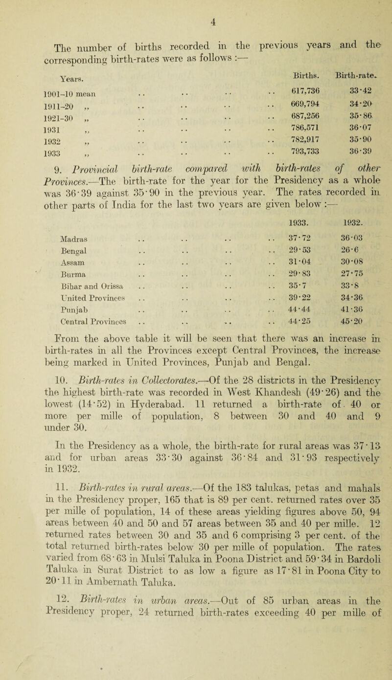 Tlie number of births recorded in the previous years and the corresponding birth-rates were as follows : Years. Births. Birth-rate. 1901-10 mean .. 617,736 33-42 1911-20 „ .. 669,794 34-20 1921-30 „ .. 687,256 35-86 1931 .. 786,571 36-07 1932 .. * 782,917 35-90 1933 ' .. 793,733 36-39 9. Provincial birth-rate compared with birth-rates of other Provinces.—The birth-rate for the year for the Presidency as a whole was 36*39 against 35*90 in the previous year. The rates recorded in other parts of India for the last two years are given below ;— 1933. 1932. Madras . 37*72 36-03 Bengal 29-53 26-6 Assam 31-04 30-08 Burma 29-83 27-75 Bihar and Orissa . 35-7 33-8 United Provinces 39-22 34-36 Punjab 44-44 41-36 Central Provinces 44-25 45-20 From the above table it will be seen that there was an increase in birth-rates in all the Provinces except Central Provinces, the increase being; marked in United Provinces, Punjab and Bengal. 10. Birth-rates in Collector at es.— Of the 28 districts in the Presidency the highest birth-rate was recorded in West Khandesh (49*26) and the lowest (14*52) in Hyderabad. 11 returned a birth-rate of. 40 or more per mille of population, 8 between 30 and 40 and 9 under 30. In the Presidency as a whole, the birth-rate for rural areas was 37 * IS and for urban areas 33 • 30 against 36'84 and 31'93 respectively in 1932. 11. Birth-rates in rural areas.—Of the 183 talukas, petas and mahals hi the Presidency proper, 165 that is 89 per cent, returned rates over 35 per mille of population, 14 of these areas yielding figures above 50, 94 areas between 40 and 50 and 57 areas between 35 and 40 per mille. 12 returned rates between 30 and 35 and 6 comprising 3 per cent, of the total returned birth-rates below 30 per mille of population. The rates varied from 68*63 in Mulsi Taluka in Poona District and 59*34 in Bardoli Taluka in Surat District to as low a figure as 17* 81 in Poona City to 20*11 in Ambernath Taluka. 12. Birth-rates in urban areas.—Out of 85 urban areas in the Presidency proper, 24 returned birth-rates exceeding 40 per mille of