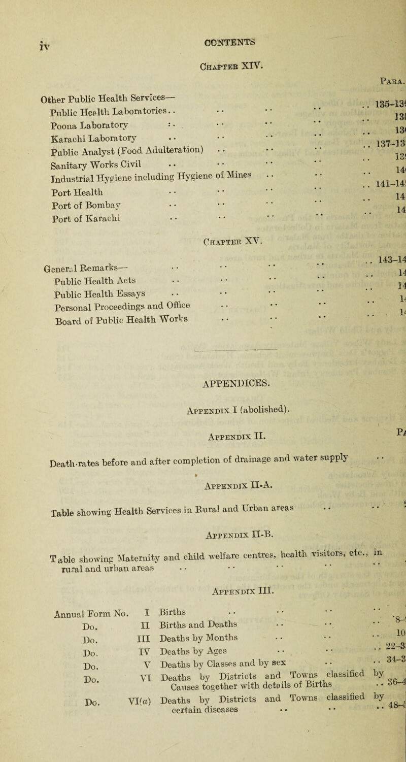 Chapter XIV. Other Public Health Services— Public Health Laboratories Poona Laboratory : • Karachi Laboratory Public Analyst (Food Adulteration) Sanitary Works Civil Industrial Hygiene including Hygiene of Mines Port Health Port of Bombay Port of Karachi Chapter XV. General Remarks— Public Health Acts Public Health Essays Personal Proceedings and Office Board of Public Health Works Para. 135-13* 131 13* 137-13 13! 14i 141-14! 14 14 .. 143-14 14 14 L L APPENDICES. Appendix I (abolished). Appendix II. Death-rates before and after completion of drainage and water supply ♦ Appendix II-A. Fable showing Health Services in Rural and Urban areas Appendix II-B. Table showing Maternity and child welfare centres, health visitors, etc., m rural and urban areas Appendix III. Annual Form No . I Births • • Do. II Births and Deaths • • Do. III Deaths by Months Do. IV Deaths by Ages • • Do. V Deaths by Classes and by sex • • Do. VI Deaths by Districts and Towns classified Causes together with details of Births Do. VI(a) Deaths by Districts and Towns certain diseases classified • • .. '8-! 10 .. 22-3 .. 34-3