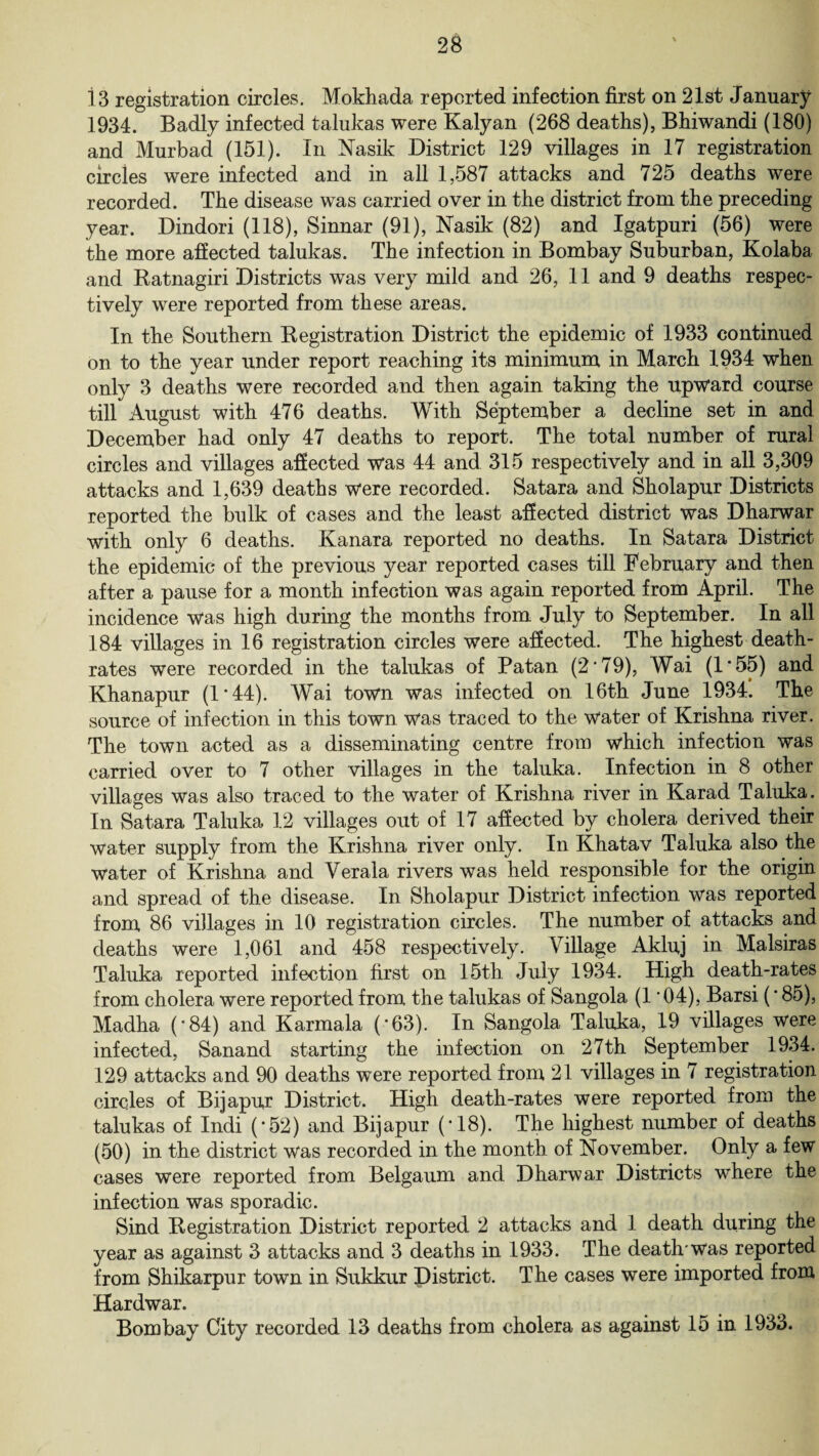 13 registration circles. Mokhada reported infection first on 21st January 1934. Badly infected talukas were Kalyan (268 deaths), Bhiwandi (180) and Murbad (151). In Nasik District 129 villages in 17 registration circles were infected and in all 1,587 attacks and 725 deaths were recorded. The disease was carried over in the district from the preceding year. Dindori (118), Sinnar (91), Nasik (82) and Igatpuri (56) were the more affected talukas. The infection in Bombay Suburban, Kolaba and Ratnagiri Districts was very mild and 26, 11 and 9 deaths respec¬ tively were reported from these areas. In the Southern Registration District the epidemic of 1933 continued on to the year under report reaching its minimum in March 1934 when only 3 deaths were recorded and then again taking the upward course till August with 476 deaths. With September a decline set in and December had only 47 deaths to report. The total number of rural circles and villages affected was 44 and 315 respectively and in all 3,309 attacks and 1,639 deaths were recorded. Satara and Sholapur Districts reported the bulk of cases and the least affected district was Dharwar with only 6 deaths. Kanara reported no deaths. In Satara District the epidemic of the previous year reported cases till February and then after a pause for a month infection was again reported from April. The incidence was high during the months from July to September. In all 184 villages in 16 registration circles were affected. The highest death- rates were recorded in the talukas of Patan (2*79), Wai (1*55) and Khanapur (1*44). Wai town was infected on 16th June 1934. The source of infection in this town was traced to the water of Krishna river. The town acted as a disseminating centre from which infection was carried over to 7 other villages in the taluka. Infection in 8 other villages was also traced to the water of Krishna river in Karad Taluka. In Satara Taluka 12 villages out of 17 affected by cholera derived their water supply from the Krishna river only. In Khatav Taluka also the water of Krishna and Verala rivers was held responsible for the origin and spread of the disease. In Sholapur District infection was reported from 86 villages in 10 registration circles. The number of attacks and deaths were 1,061 and 458 respectively. Village Akluj in Malsiras Taluka reported infection first on 15th July 1934. High death-rates from cholera were reported from the talukas of Sangola (1 * 04), Barsi (* 85), Madha (-84) and Karmala (*63). In Sangola Taluka, 19 villages were infected, Sanand starting the infection on 27th September 1934. 129 attacks and 90 deaths were reported from 21 villages in 7 registration circles of Brjapur District. High death-rates were reported from the talukas of Indi (* 52) and Bijapur (* 18). The highest number of deaths (50) in the district was recorded in the month of November. Only a few cases were reported from Belgaum and Dharwar Districts where the infection was sporadic. Sind Registration District reported 2 attacks and 1 death during the year as against 3 attacks and 3 deaths in 1933. The death'Was reported from Shikarpur town in Sukkur District. The cases were imported from Hardwar. Bombay City recorded 13 deaths from cholera as against 15 in 1933.