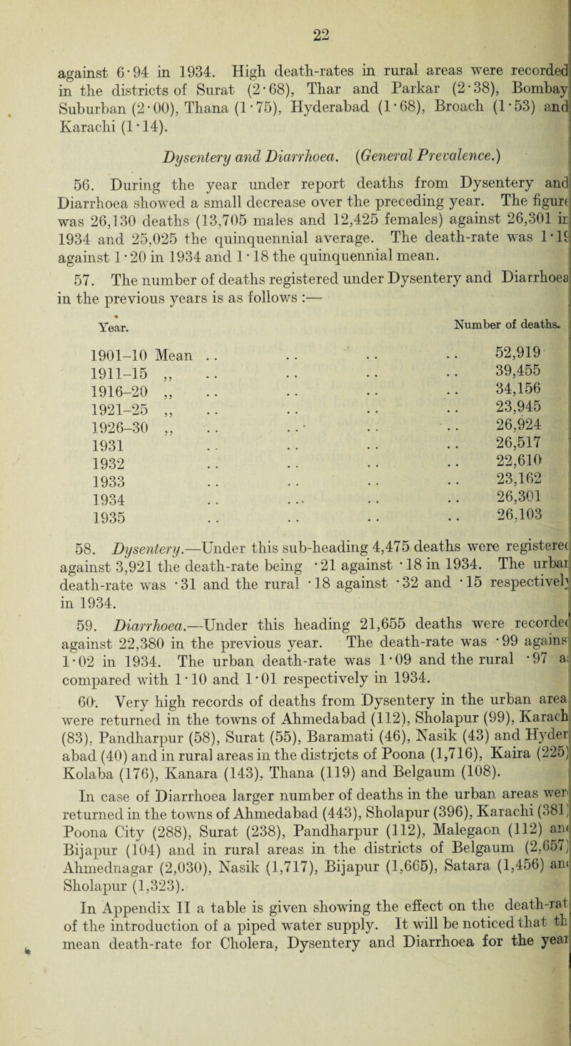 against 6*94 in 1934. High death-rates in rural areas were recorded in the districts of Surat (2*68), Thar and Parkar (2*38), Bombay Suburban (2-00), Tirana (1- 75), Hyderabad (1 * 68), Broach (1*53) and Karachi (1 * 14). j k 'SKi Dysentery and Diarrhoea. (General Prevalence.) 56. During the year under report deaths from Dysentery and Diarrhoea showed a small decrease over the preceding year. The figurt was 26,130 deaths (13,705 males and 12,425 females) against 26,301 ir 1934 and 25,025 the quinquennial average. The death-rate was I'll against 1 • 20 in 1934 and 1*18 the quinquennial mean. 57. The number of deaths registered under Dysentery and Diarrhoea in the previous years is as follows :— Year. Number of deaths. k 1901-10 Mean 1911-15 „ 1916-20 „ 1921-25 „ 1926-30 ,, 1931 1932 1933 1934 1935 52,919 39,455 34,156 23,945 26,924 26,517 22,610 23,162 26,301 26,103 58. Dysentery.—Under this sub-heading 4,475 deaths were registered against 3,921 the death-rate being *21 against • 18 in 1934. The urbaij death-rate was *31 and the rural ’18 against *32 and ’15 respectively in 1934. 59. Diarrhoea.—Under this heading 21,655 deaths were recorder against 22,380 in the previous year. The death-rate was ’99 again? 1-02 in 1934. The urban death-rate was 1*09 and the rural *97 a; compared with 1*10 and 1*01 respectively in 1934. 60; Very high records of deaths from Dysentery in the urban area were returned in the towns of Ahmedabad (112), Sholapur (99), Karach (83), Pandharpur (58), Surat (55), Baramati (46), Nasik (43) and Hyder abad (40) and in rural areas in the districts of Poona (1,716), Kaira (225) Kolaba (176), Kanara (143), Thana (119) and Belgaum (108). In case of Diarrhoea larger number of deaths in the urban areas wen I returned in the towns of Ahmedabad (443), Sholapur (396), Karachi (381/ Poona City (288), Surat (238), Pandharpur (112), Malegaon (112) an< Bijapur (104) and in rural areas in the districts of Belgaum (2.657)1 Ahmednagar (2,030), Nasik (1,717), Bijapur (1,665), Satara (1,456) am. Sholapur (1,323). In Appendix II a table is given showing the effect on the death-rat of the introduction of a piped water supply. It will be noticed that tk mean death-rate for Cholera, Dysentery and Diarrhoea for the yeai :
