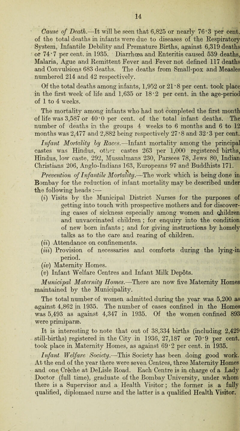 Cause of Death—It will be seen that 6,825 or nearly 76*3 per cent, of the total deaths in infants were due to diseases of the Respiratory System, Infantile Debility and Premature Births, against 6,319 deaths or 74*7 per cent, in 1935. Diarrhoea and Enteritis caused 539 deaths, Malaria, Ague and Remittent Fever and Fever not defined 117 deaths and Convulsions 683 deaths. The deaths from Small-pox and Measles numbered 214 and 42 respectively. Of the total deaths among infants, 1,952 or 21 *8 per cent, took place in the first week of life and 1,635 or 18*2 per cent, in the age-period of 1 to 4 weeks. The mortality among infants who had not completed the first month of life was 3,587 or 40*0 per cent, of the total infant deaths. The number of deaths in the groups 4 weeks to 6 months and 6 to 12 months was 2,477 and 2,882 being respectively 27*8 and 32*3 per cent. Infant Mortality by Races.—Infant mortality among the principal castes was Hindus, other castes 263 per 1,000 registered births, Hindus, low caste, 292, Mussalmans 230, Parsees 78, Jews 80, Indian Christians 206, Anglo-Indians 163, Europeans 97 and Buddhists 171. % Prevention of Infantile Mortality.—The work which is being done in Bombay for the reduction of infant mortalitv mav be described under the following heads :— (i) Visits by the Municipal District Nurses for the purposes of getting into touch with prospective mothers and for discover¬ ing cases of sickness especially among women and Children and unvaccinated children ; for enquiry into the condition of new born infants ; and for giving instructions by homely talks as to the care and rearing of children. (ii) Attendance on confinements. (Hi) Provision of necessaries and comforts during the lying-in period. (iv) Maternity Homes. (v) Infant Welfare Centres and Infant Milk Depots. Municipal Maternity Homes.—There are now five Maternity Homes maintained by the Municipality. The total number of women admitted during the year was 5,200 as against 4,862 in 1935. The number of cases confined in the Homes was 5,493 as against 4,347 in 1935. Of the women confined 893 were primiparse. It is interesting to note that out of 38,334 births (including 2,429 still-births) registered in the City in 1936,27,187 or 70*9 per cent, took place in Maternity Homes, as against 69*2 per cent, in 1935. Infant Welfare Society.—This Society has been doing good work. At the end of the year there were seven Centres, three Maternity Homes and one Creche at DeLisle Road. Each Centre is in charge of a Lady Doctor (full time), graduate of the Bombay University, under whom there is a Supervisor and a Health Visitor ; the former is a fully qualified, diplomaed nurse and the latter is a qualified Health Visitor,