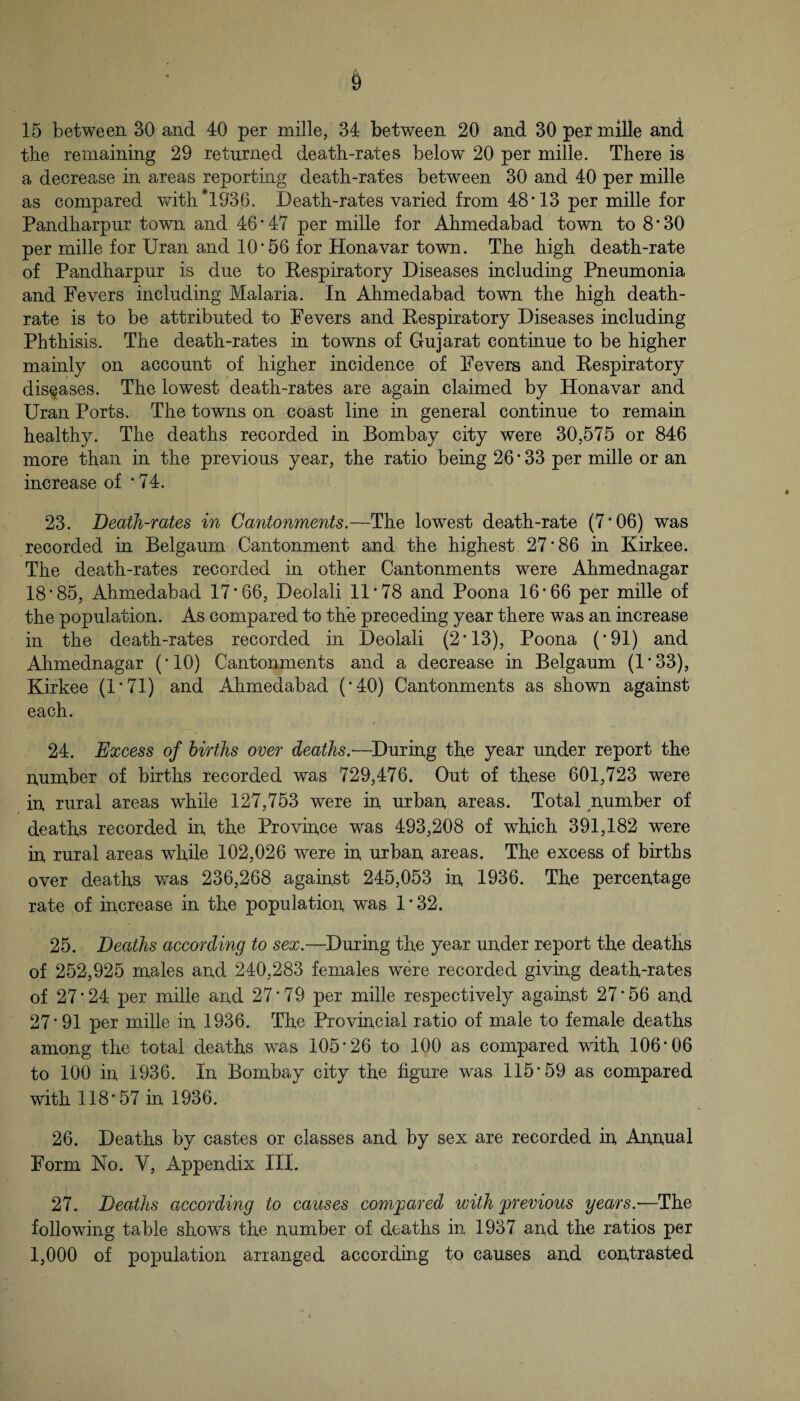 15 between 30 and 40 per mille, 34 between 20 and 30 per mille and the remaining 29 returned death-rates below 20 per mille. There is a decrease in areas reporting death-rates between 30 and 40 per mille as compared vdth*1936. Death-rates varied from 48'13 per mille for Pandharpur town and 46 * 47 per mille for Ahmedabad town to 8*30 per mille for Uran and 10'56 for Honavar town. The high death-rate of Pandharpur is due to Respiratory Diseases including Pneumonia and Fevers including Malaria. In Ahmedabad town the high death- rate is to be attributed to Fevers and Respiratory Diseases including Phthisis. The death-rates in towns of Gujarat continue to be higher mainly on account of higher incidence of Fevers and Respiratory diseases. The lowest death-rates are again claimed by Honavar and Uran Ports. The towns on coast line in general continue to remain healthy. The deaths recorded in Bombay city were 30,575 or 846 more than in the previous year, the ratio being 26 ‘ 33 per mille or an increase of * 74. 23. Death-rates in Cantonments.—The lowest death-rate (7’06) was recorded in Belgaum Cantonment and the highest 27'86 in Kirkee. The death-rates recorded in other Cantonments were Ahmednagar 18'85, Ahm^edabad 17'66, Deolali 11'78 and Poona 16'66 per mille of the population. As compared to the preceding year there was an increase in the death-rates recorded in Deolali (2'13), Poona ('91) and Ahmednagar ('10) Cantonments and a decrease in Belgaum (1'33), Kirkee (1*71) and Ahmedabad ('40) Cantonments as shown against each. 24. Excess of births over deaths.-—^During the year under report the number of births recorded was 729,476. Out of these 601,723 were in rural areas while 127,753 were in urban areas. Total number of deaths recorded in the Province was 493,208 of which 391,182 were in rural areas while 102,026 were in urban areas. The excess of births over deaths was 236,268 against 245,053 in 1936. The percentage rate of increase in the population was 1'32. 25. Deaths according to sex.—^During the year under report the deaths of 252,925 males and 240,283 females were recorded giving death-rates of 27'24 per mille and 27'79 per mille respectively against 27'56 and 27'91 per mille in 1936. The Provincial ratio of male to female deaths among the total deaths was 105'26 to 100 as compared with 106'06 to 100 in 1936. In Bombay city the figure was 115'59 as compared with 118'57 in 1936. 26. Deaths by castes or classes and by sex are recorded in Annual Form No. V, Appendix HI. 27. Deaths according to causes compared with previous years.—The following table shows the number of deaths in 1937 and the ratios per 1,000 of population arranged according to causes and contrasted