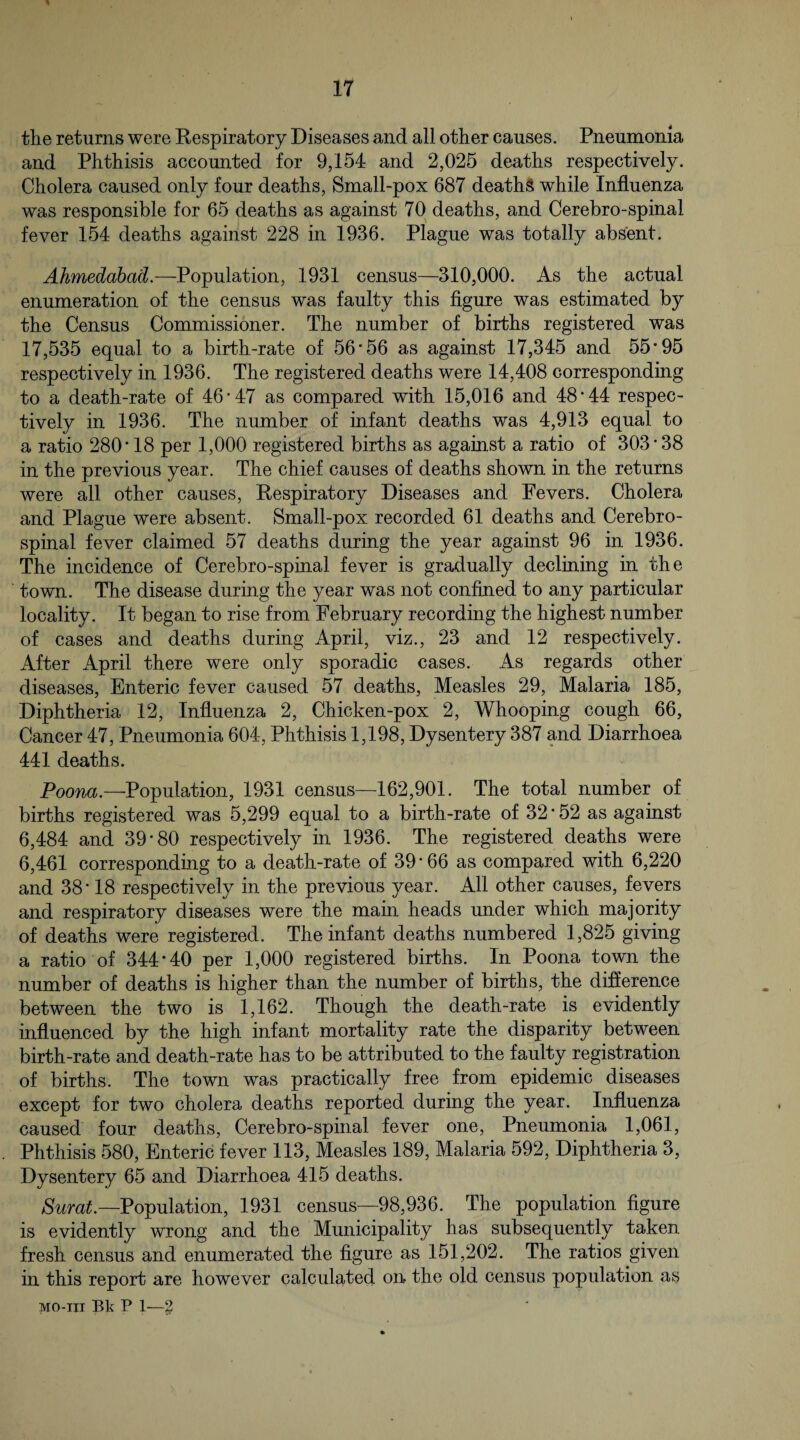 tlie returns were Kespiratory Diseases and all other causes. Pneumonia and Phthisis accounted for 9,154 and 2,025 deaths respectively. Cholera caused only four deaths, Small-pox 687 deaths while Influenza was responsible for 65 deaths as against 70 deaths, and Cerebro-spinal fever 154 deaths against 228 in 1936. Plague was totally absent. Ahmedabad.—Population, 1931 census—310,000. As the actual enumeration of the census was faulty this figure was estimated by the Census Commissioner. The number of births registered was 17,535 equal to a birth-rate of 56*56 as against 17,345 and 55*95 respectively in 1936. The registered deaths were 14,408 corresponding to a death-rate of 46*47 as compared with 15,016 and 48*44 respec¬ tively in 1936. The number of infant deaths was 4,913 equal to a ratio 280*18 per 1,000 registered births as against a ratio of 303 * 38 in the previous year. The chief causes of deaths shown in the returns were all other causes, Respiratory Diseases and Fevers. Cholera and Plague were absent. Small-pox recorded 61 deaths and Cerebro¬ spinal fever claimed 57 deaths during the year against 96 in 1936. The incidence of Cerebro-spinal fever is gradually declining in the town. The disease during the year was not confined to any particular locality. It began to rise from February recording the highest number of cases and deaths during April, viz., 23 and 12 respectively. After April there were only sporadic cases. As regards other diseases. Enteric fever caused 57 deaths. Measles 29, Malaria 185, Diphtheria 12, Influenza 2, Chicken-pox 2, Whooping cough 66, Cancer 47, Pneumonia 604, Phthisis 1,198, Dysentery 387 and Diarrhoea 441 deaths. Poona.—Population, 1931 census—162,901. The total number of births registered was 5,299 equal to a birth-rate of 32 * 52 as against 6,484 and 39*80 respectively in 1936. The registered deaths were 6,461 corresponding to a death-rate of 39*66 as compared with 6,220 and 38* 18 respectively in the previous year. All other causes, fevers and respiratory diseases were the main heads under which majority of deaths were registered. The infant deaths numbered 1,825 giving a ratio of 344*40 per 1,000 registered births. In Poona town the number of deaths is higher than the number of births, the diflerence between the two is 1,162. Though the death-rate is evidently influenced by the high infant mortality rate the disparity between birth-rate and death-rate has to be attributed to the faulty registration of births. The town was practically free from epidemic diseases except for two cholera deaths reported during the year. Influenza caused four deaths, Cerebro-spinal fever one. Pneumonia 1,061, Phthisis 580, Enteric fever 113, Measles 189, Malaria 592, Diphtheria 3, Dysentery 65 and Diarrhoea 415 deaths. Population, 1931 census—98,936. The population figure is evidently wrong and the Municipality has subsequently taken fresh census and enumerated the figure as 151,202. The ratios given in this report are however calculated on the old census population as