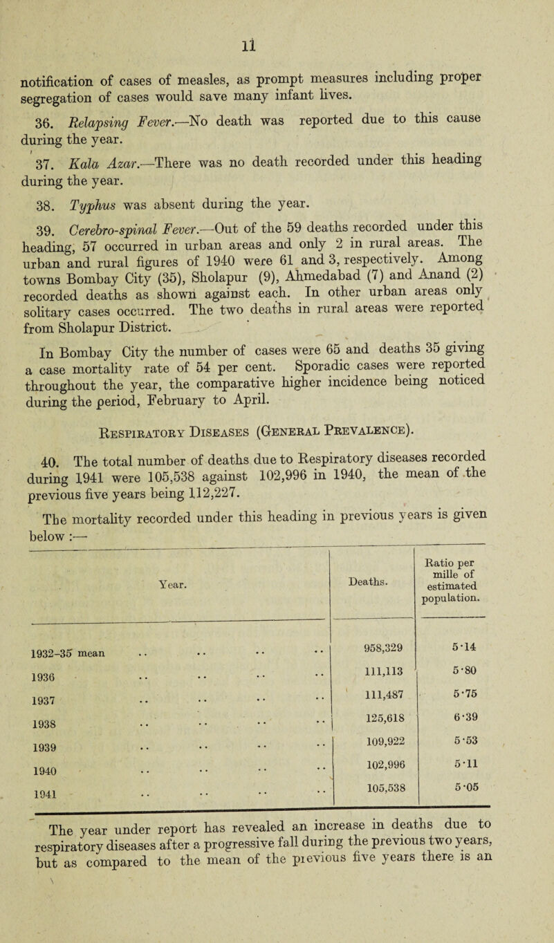 notification of cases of measles, as prompt measures including proper segregation of cases would save many infant lives. 36. Relapsing Fever.-—No death was reported due to this cause during the year. 37. Kola Azar.-—There was no death recorded under this heading during the year. 38. Typhus was absent during the year. 39. Cerebro-spinal Fever.—Out of the 59 deaths recorded under this heading, 57 occurred in urban areas and only 2 in rural areas. The urban and rural figures of 1940 were 61 and 3, respectively. Among towns Bombay City (35), Sholapur (9), Ahmedabad (7) and Anand (2) recorded deaths as shown against each. In other urban areas only solitary cases occurred. The two deaths in rural areas were reported from Sholapur District. In Bombay City the number of cases were 65 and deaths 35 giving a case mortality rate of 54 per cent. Sporadic cases were reported throughout the year, the comparative higher incidence being noticed during the period, February to April. Respiratory Diseases (General Prevalence). 40. The total number of deaths due to Respiratory diseases recorded during 1941 were 105,538 against 102,996 in 1940, the mean of .the previous five years being 112,227. The mortality recorded under this heading in previous years is given below :— Year. Deaths. Ratio per mille of estimated population. 1932-35 mean . • 958,329 5-14 1936 • • • • ... • • 111,113 5-80 1937 • • • • • • • • 111,487 5-75 193S • • • • • • ' • ■ 125,618 6-39 1939 • • • • * • - • 109,922 5-53 1940 • • • • • • • • 102,996 5*11 1941 • • • • • • 105,538 5-05 The year under report has revealed an increase in deaths due to respiratory diseases after a progressive fall during the previous two years, but as compared to the mean of the pievious five years there is an